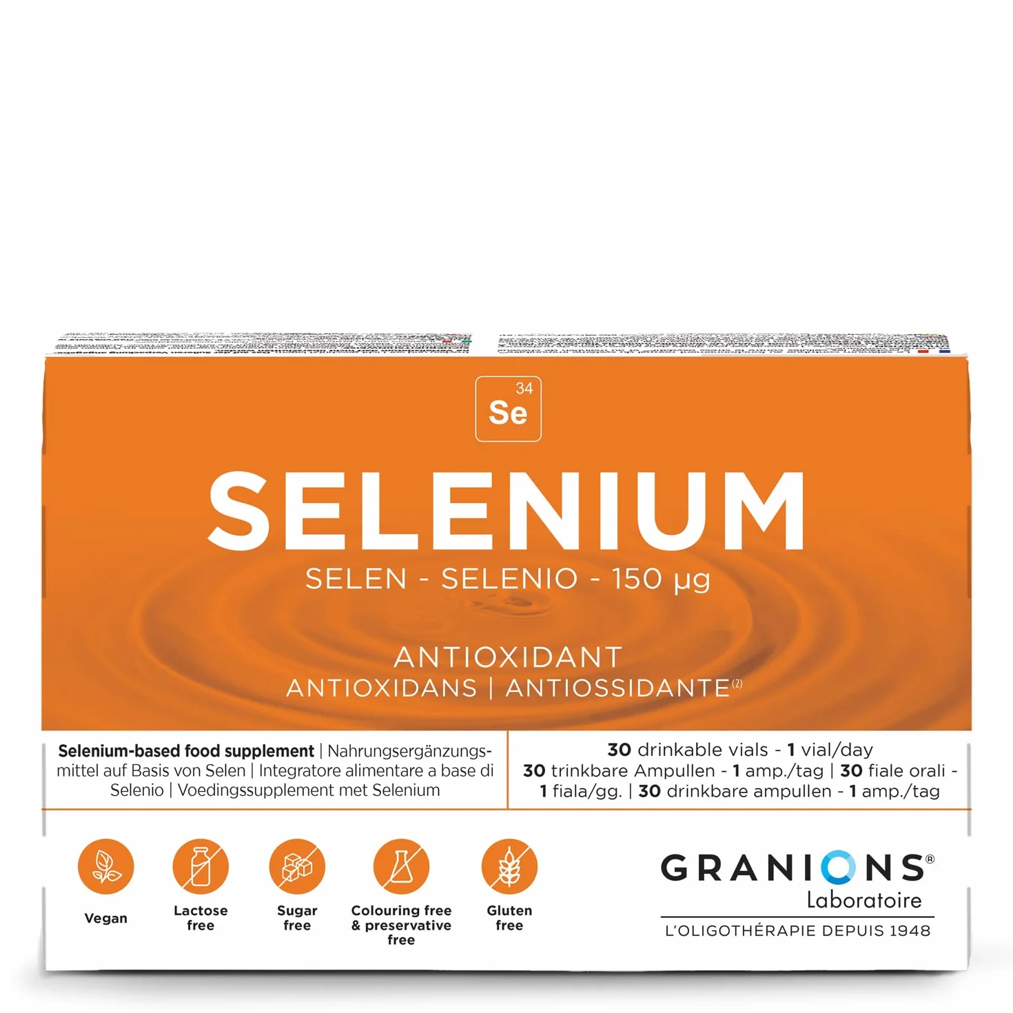 Granions Selenio 150 µg, Immunità, Antiossidante, Capelli e Unghie, Integratore Alimentare, 30 Fiale = 30 giorni