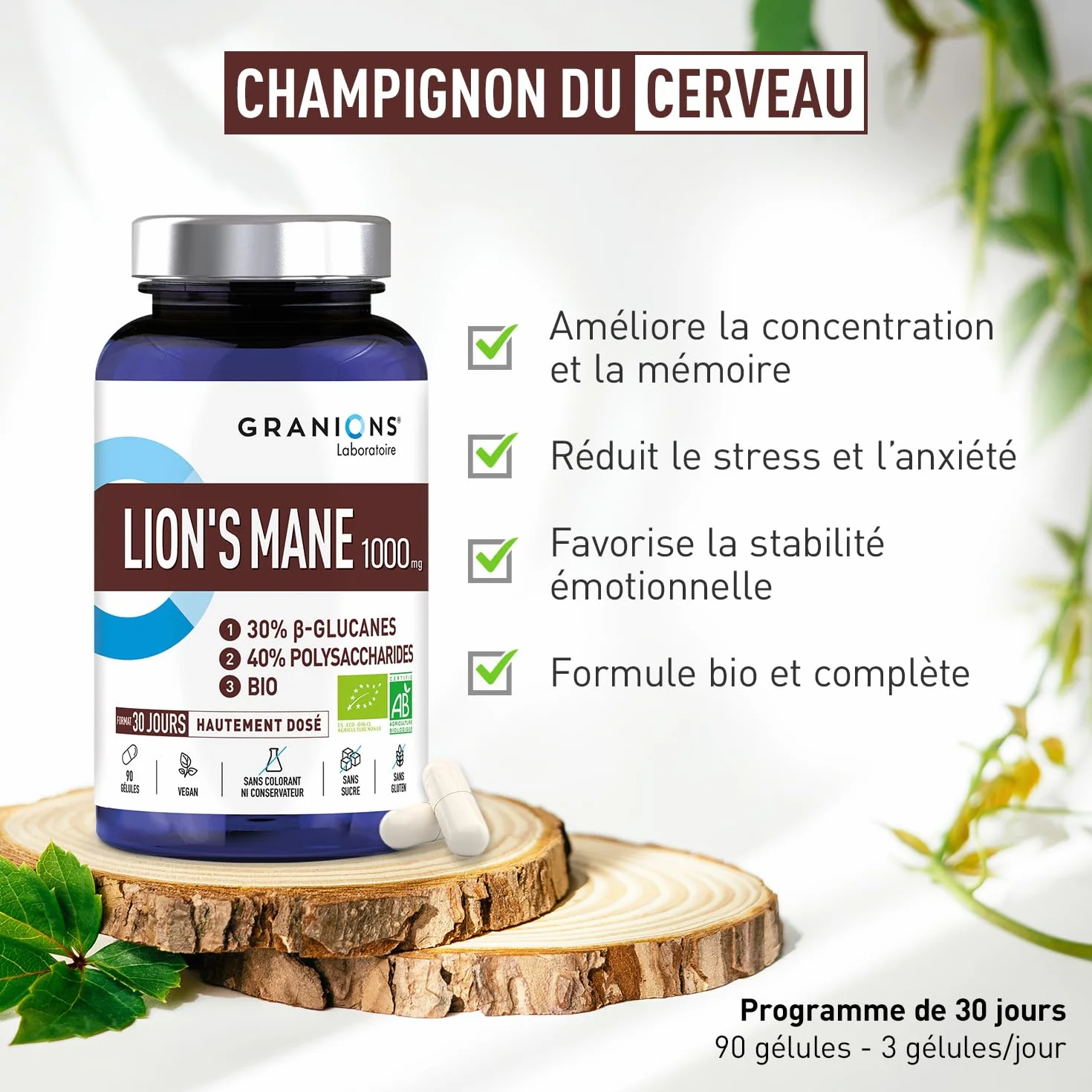 Granions Lion's Mane Bio 1000 mg 90 Capsule Vegetali 40% Polisaccaridi 30% Beta-Glucani KSM Hericium erinaceus Vegan Senza Glutine