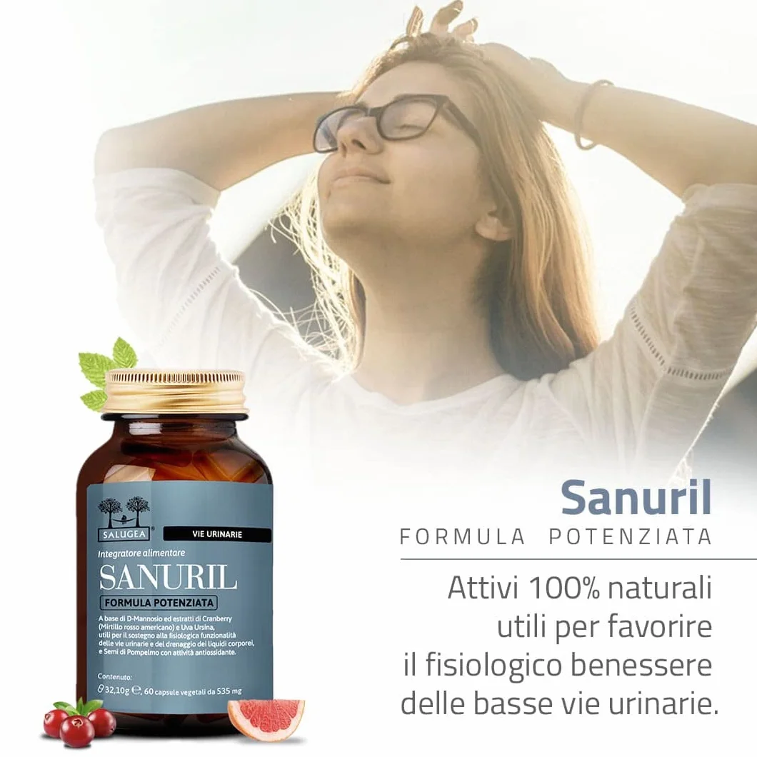 SANURIL Formula Potenziata Salugea Integratore 100% Naturale D-Mannosio Cranberry Uva Ursina Semi di Pompelmo Benessere Vie Urinarie 60 Capsule Flacone Vetro