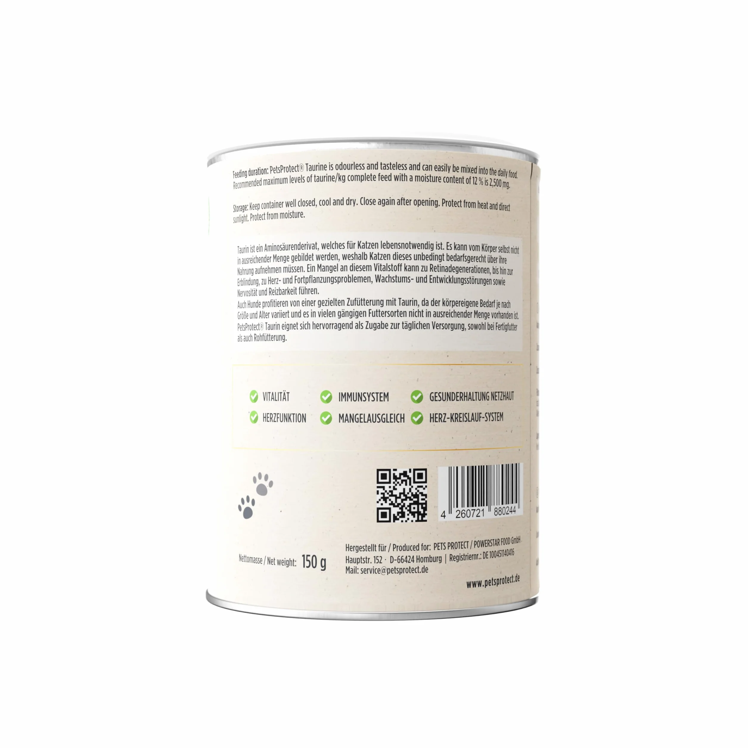 Pets PROTECT Taurine Powder 150 g per Cani e Gatti Supporta la Funzione Oculare e Cardiovascolare