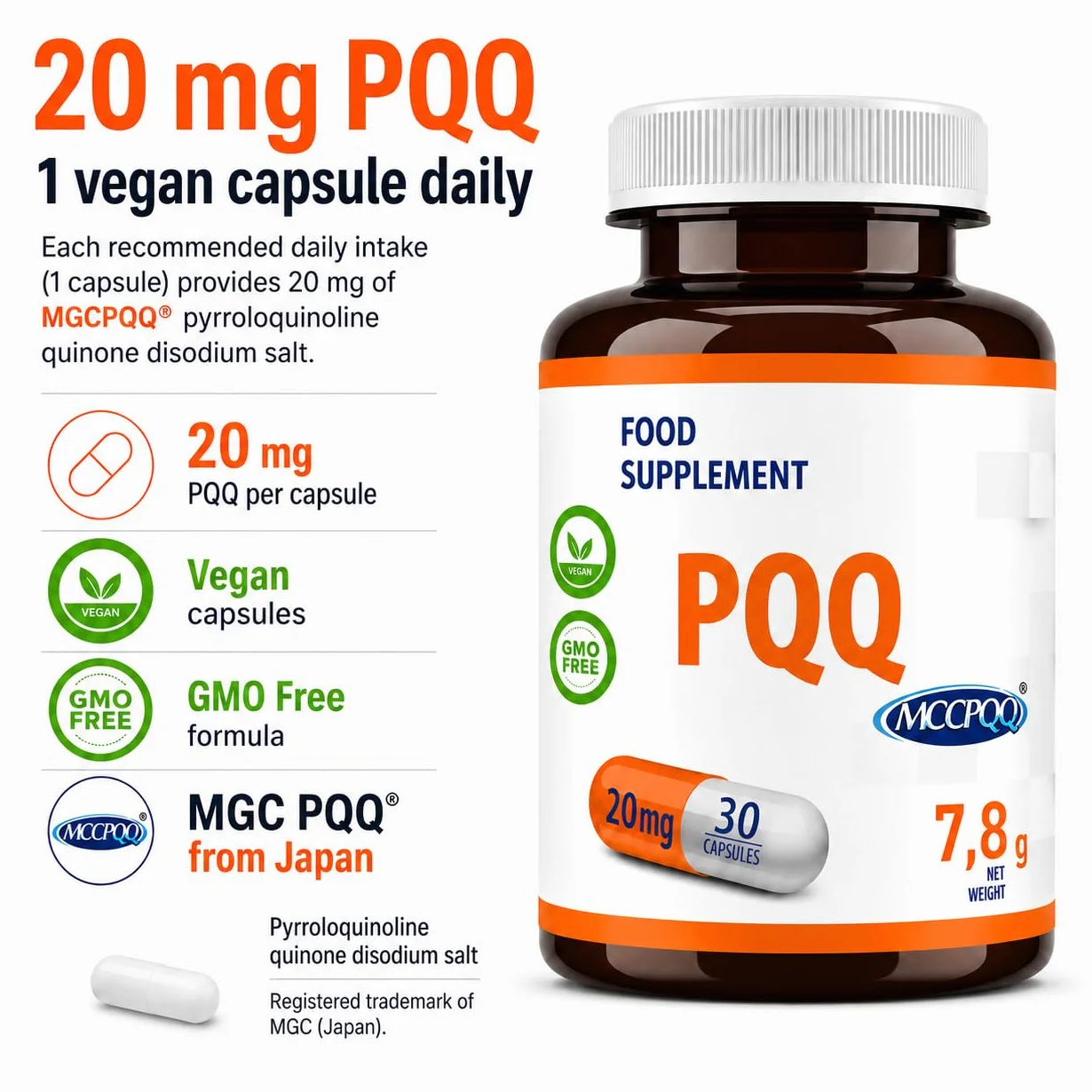 Hepatica PQQ | 20 mg (MGCPQQ®) | 30 Capsule Vegane | Scorta 1 Mese | GMP & Testato da Laboratorio Indipendente
