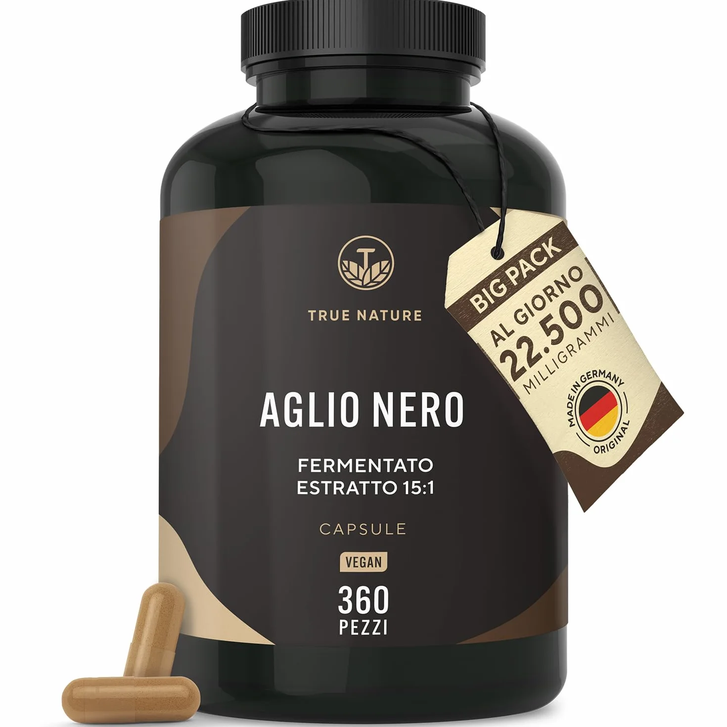 Aglio nero fermentato – 360 capsule – 22.500mg dose giornaliera (Estratto ad alto dosaggio) – Con S-allilcisteina naturale (SAC) e 14,89% di polifenoli – Aglio nero capsule – Vegano – TRUE NATURE