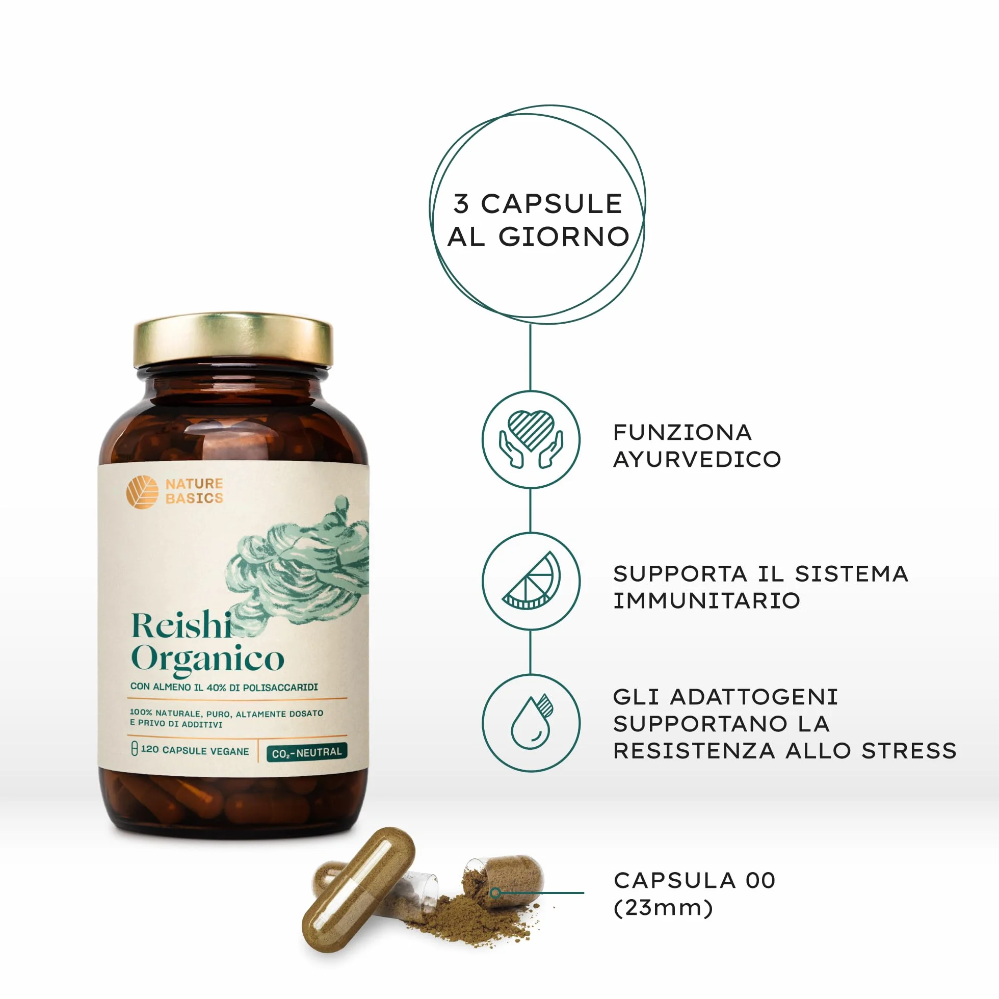 Reishi biologico - 120 capsule ad alto dosaggio / 1500 mg di estratto di Reishi biologico di alta qualità con 600 mg di polisaccaridi per dose giornaliera/Vegano e certificato
