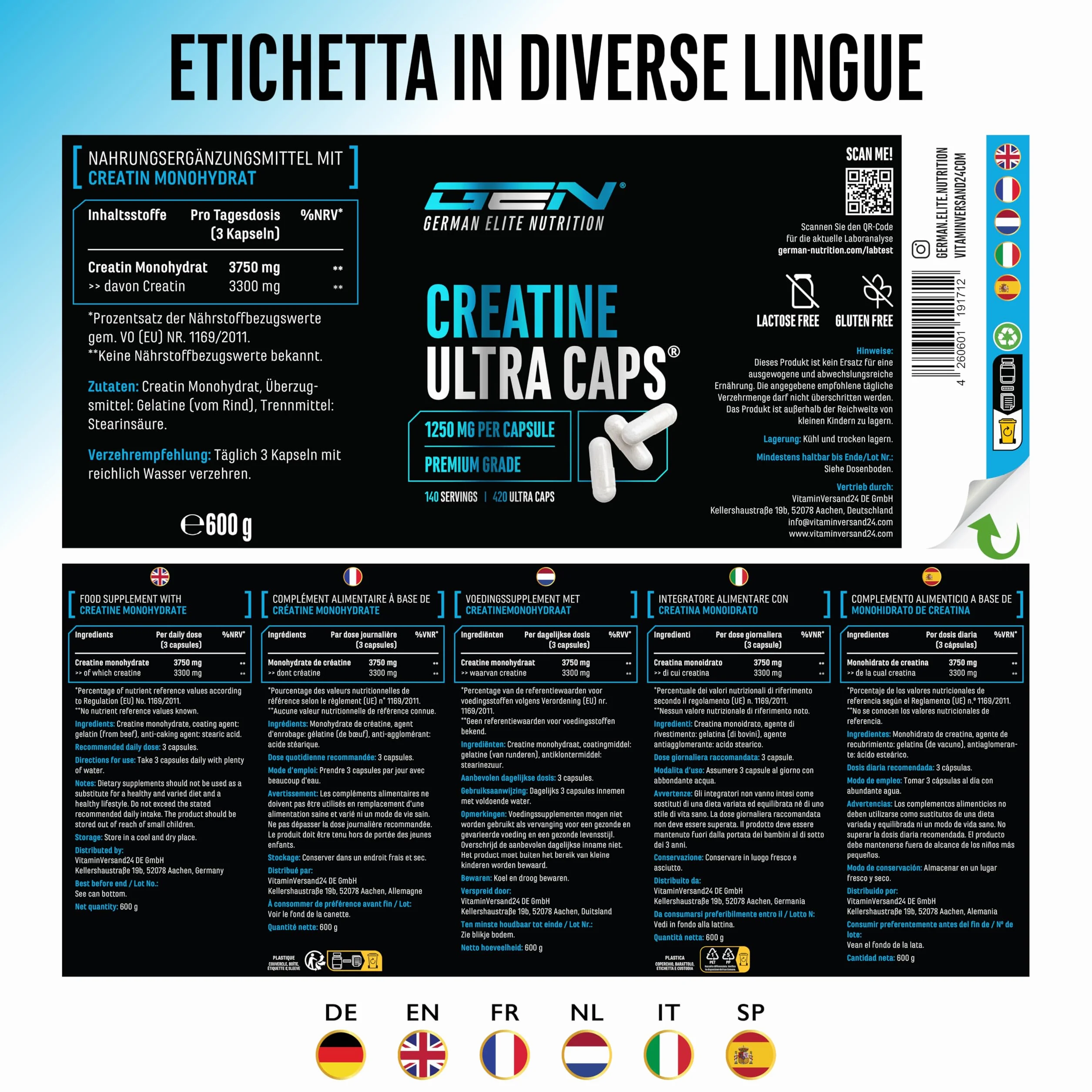 Creatina Ultra Caps 420 capsule 1250 mg creatina monoidrato pura Premium Ultrafine Mesh Factor 200