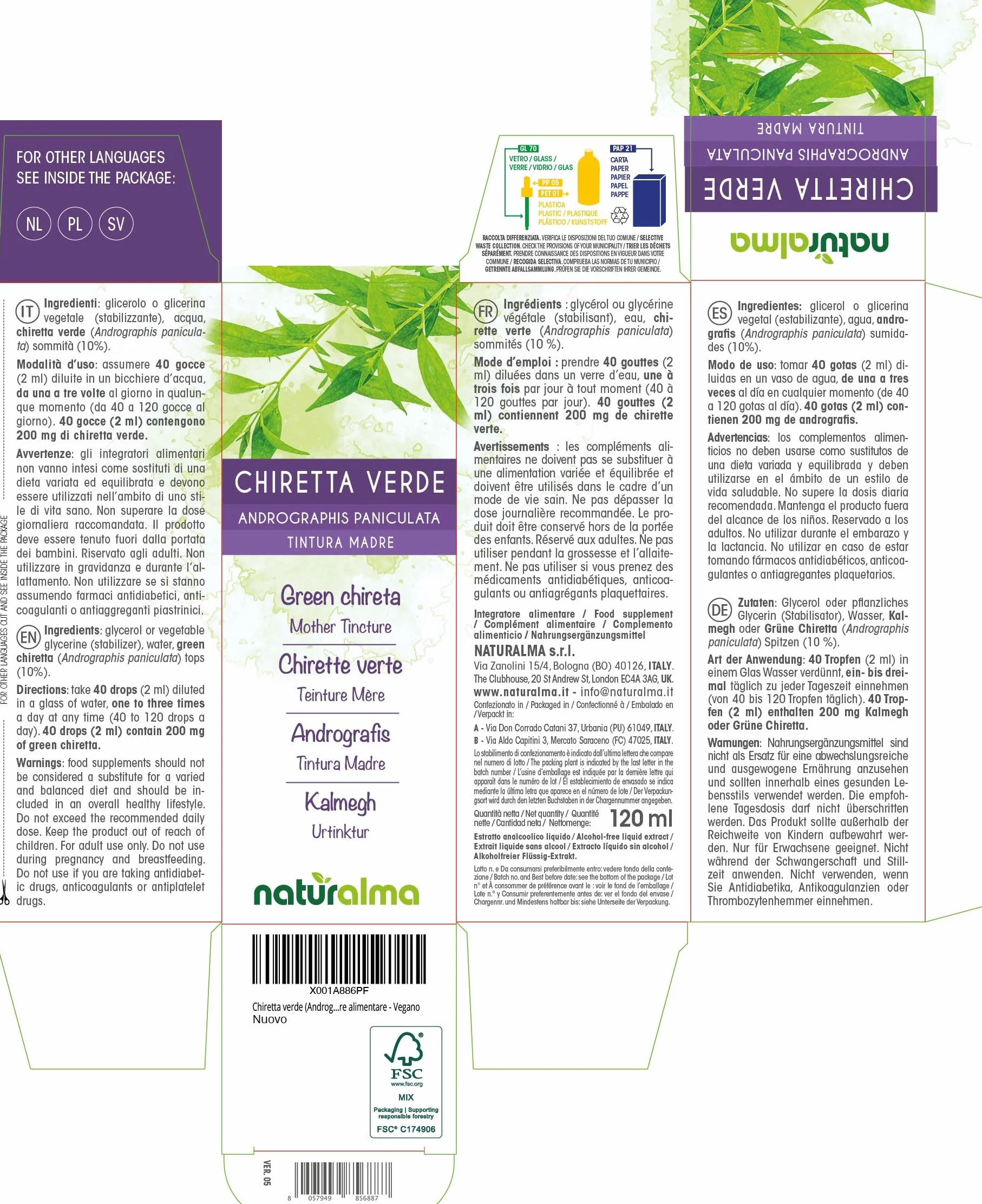 Chiretta verde Andrographis paniculata Tintura Madre analcoolica Estratto liquido gocce 120 ml Integratore alimentare Vegano