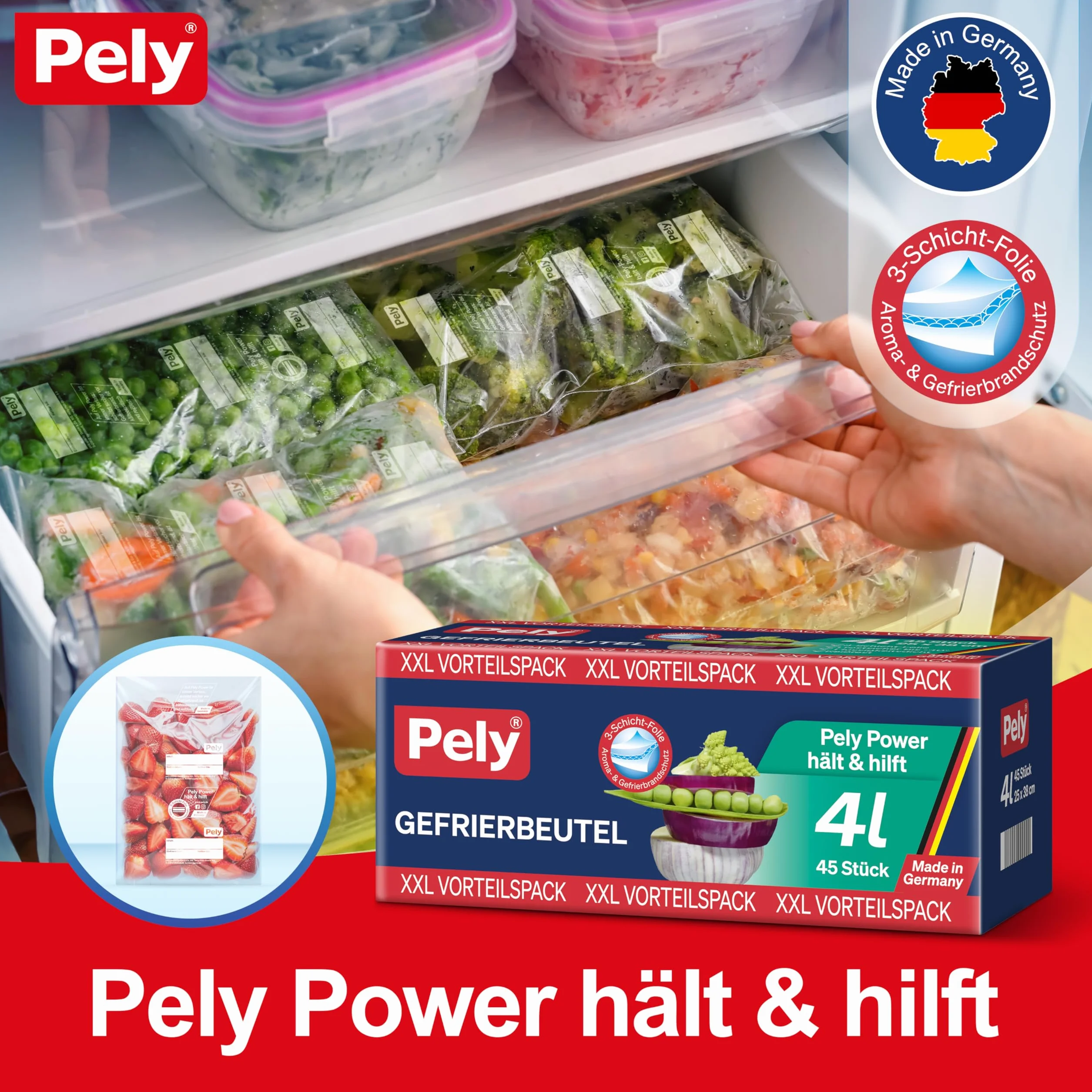 pely 8674 - Sacchetti per congelatore, 4 l, 45 sacchetti, confezione risparmio (4 litri)