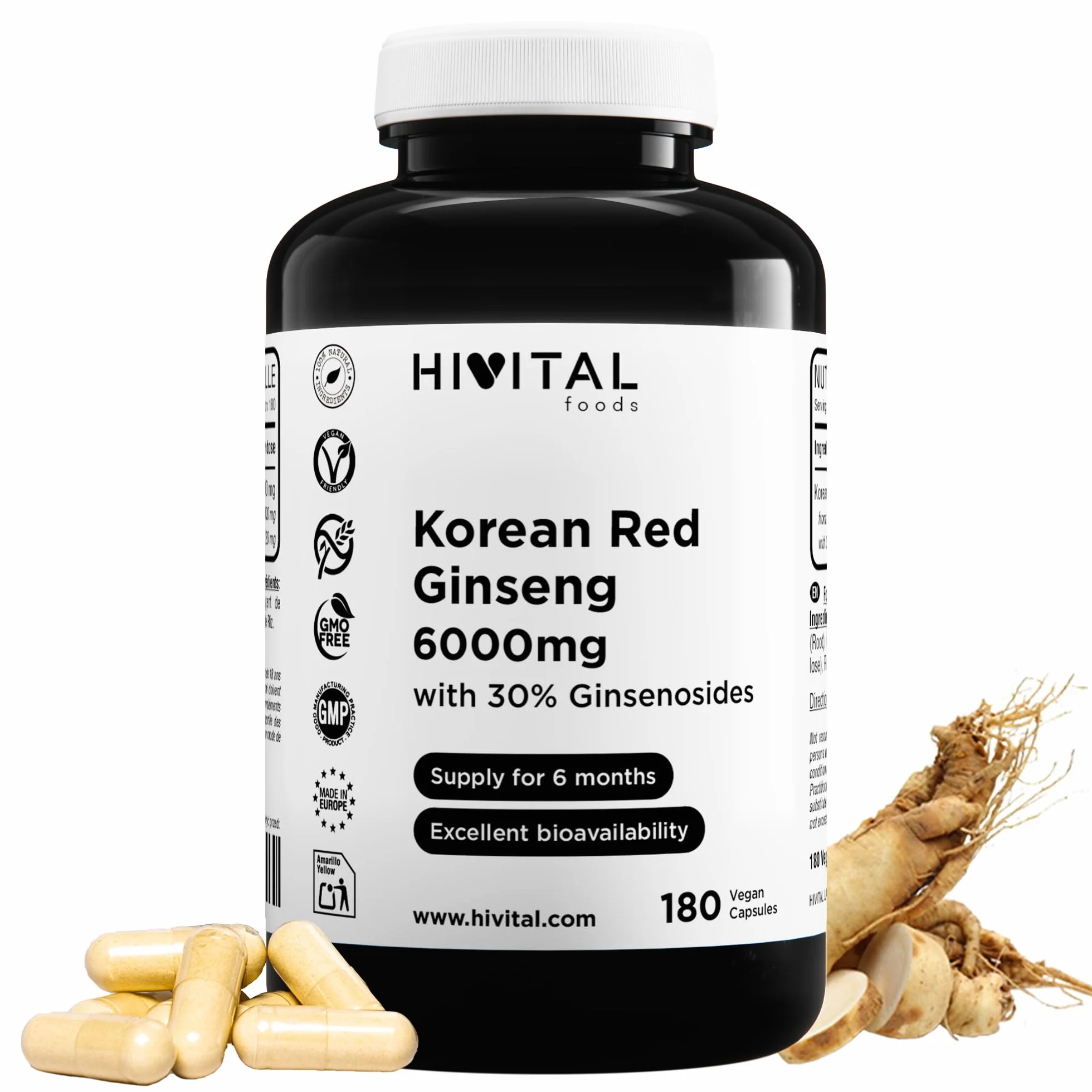 Ginseng Rosso Coreano 6000 mg 180 capsule vegane estratto naturale radice 15:1 30% ginsenosidi HIVITAL