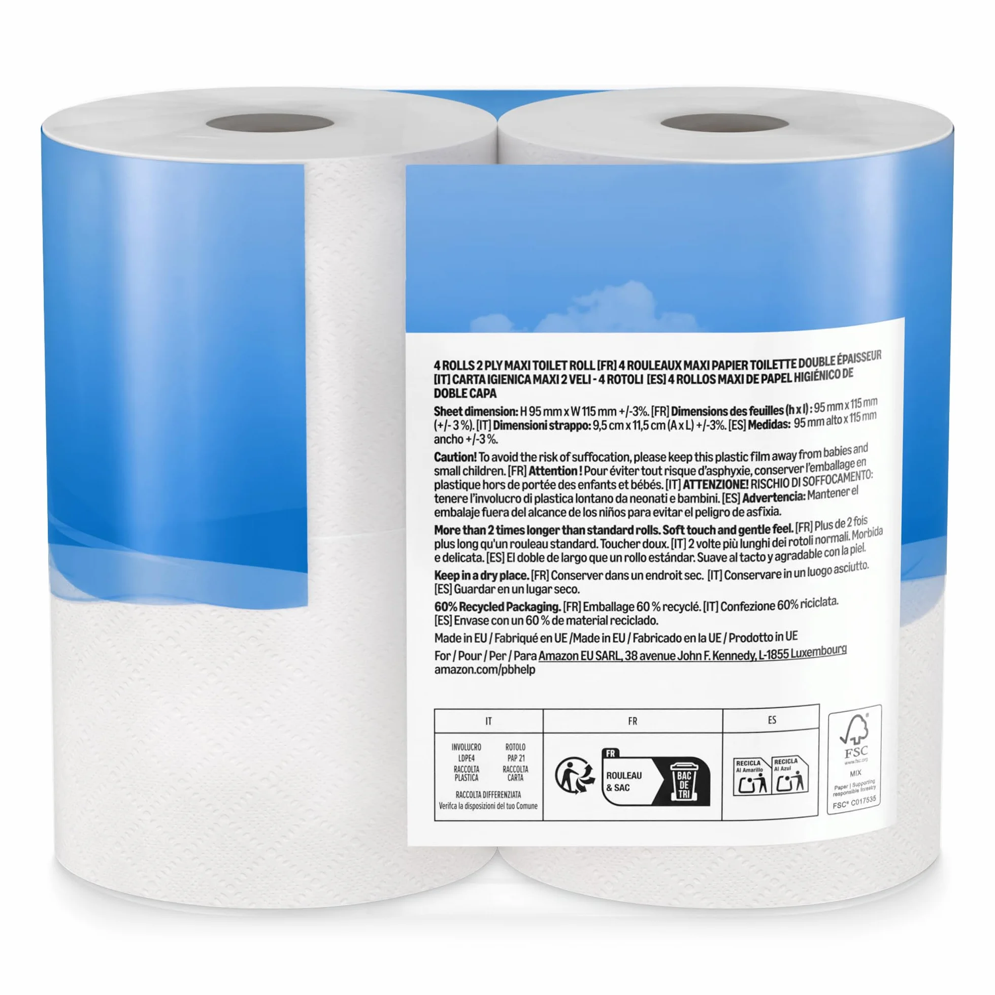 Carta igienica maxi rotolo 2 veli trapuntata morbida 4 rotoli 500 strappi FSC