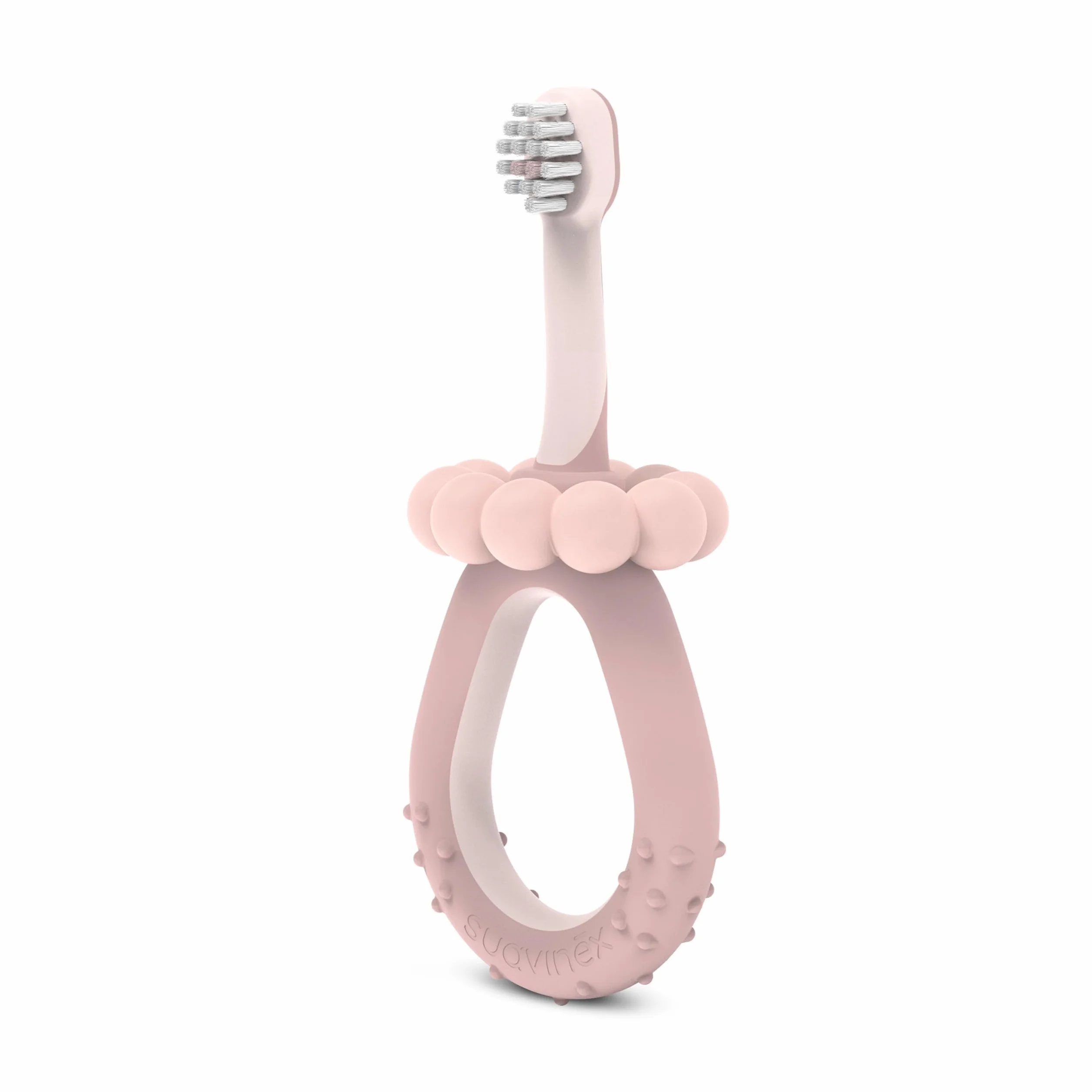 Suavinex, Spazzolino da denti per bambini da 0 a 2 anni, setole super morbide, ideale per gengive sensibili, manico ergonomico, testurizzato e antiscivolo, tappo di sicurezza, pulisci lingua, rosa