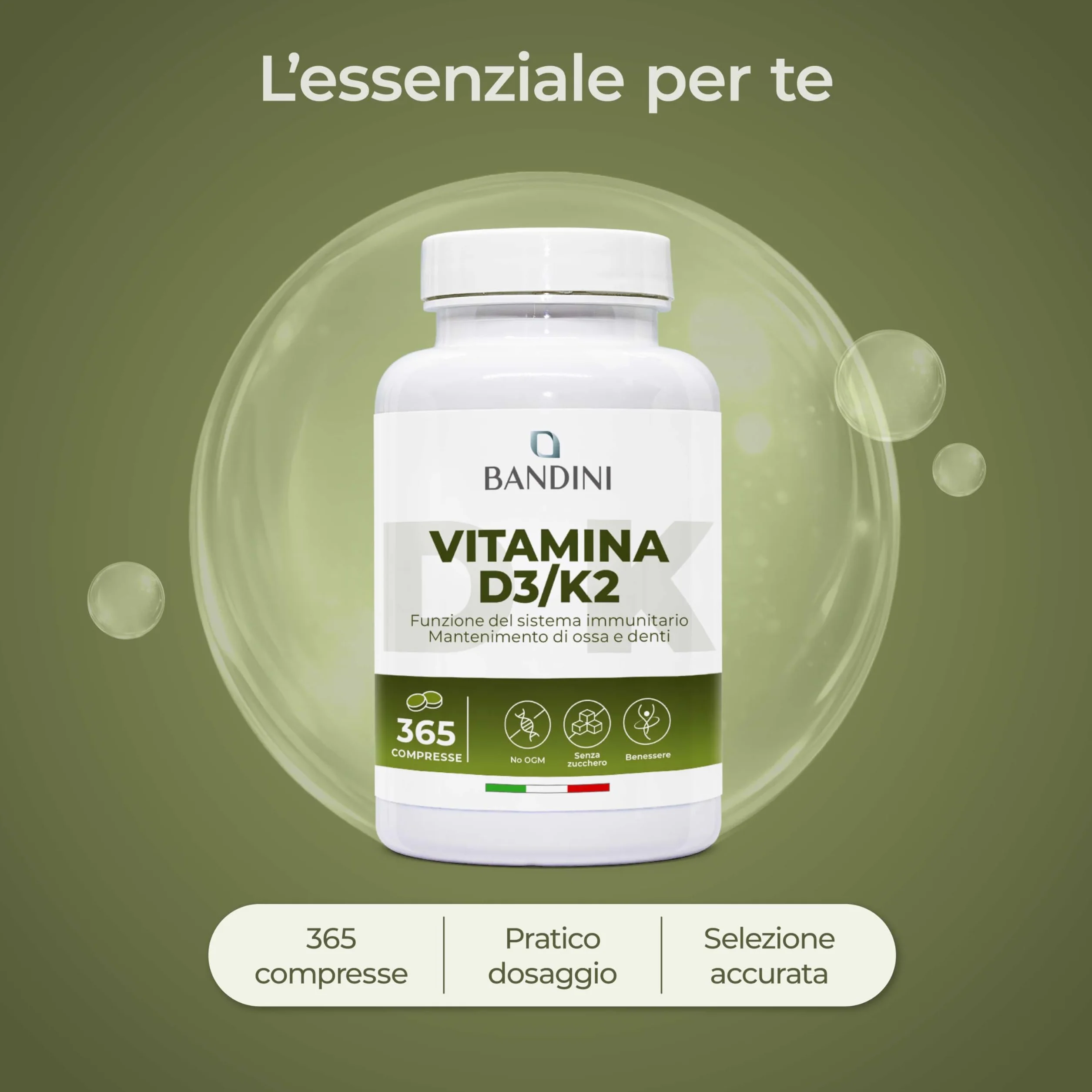 Bandini Vitamina D3 K2 365 Compresse 2000 UI + 200 mcg MK-7 99% All Trans per Ossa Denti Muscoli Articolazioni Sistema Immunitario