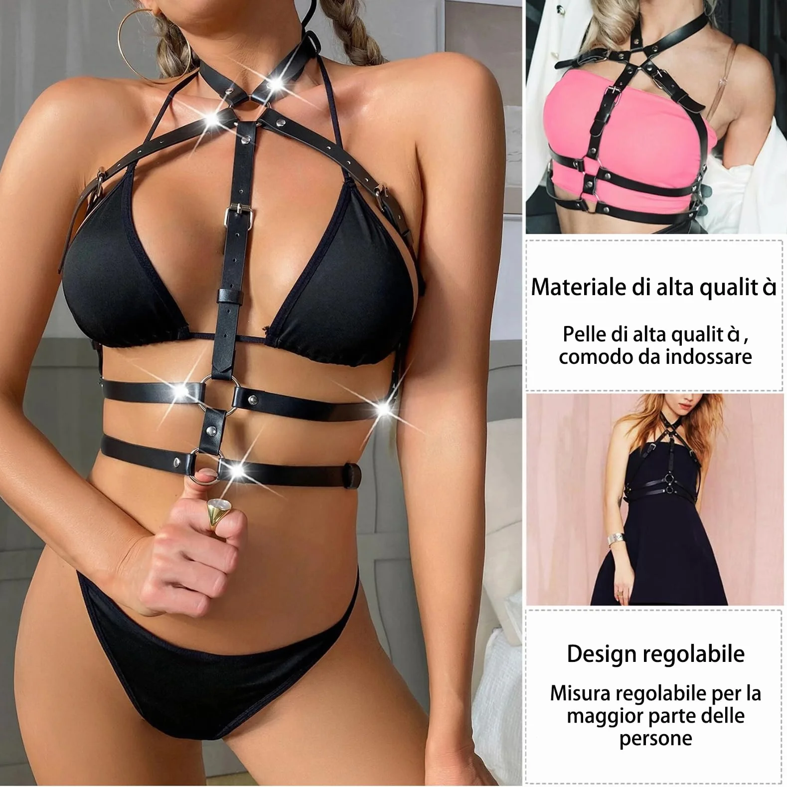 Imbracatura Punk in Pelle Donna Regolabile PU Cinghia Corpo Petto Moda Fetish Lingerie Bondage Set Imbracaturare