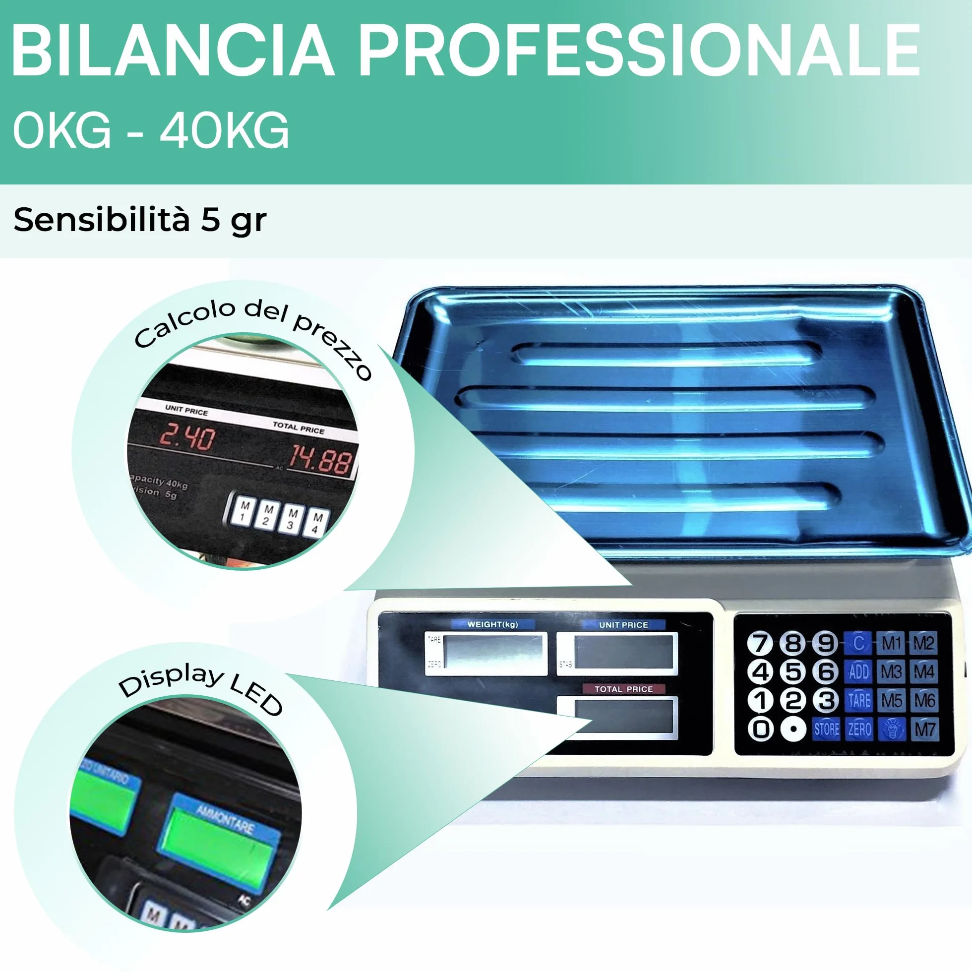 Bilancia Elettronica Digitale Professionale 5-40 Kg Acciaio Inox