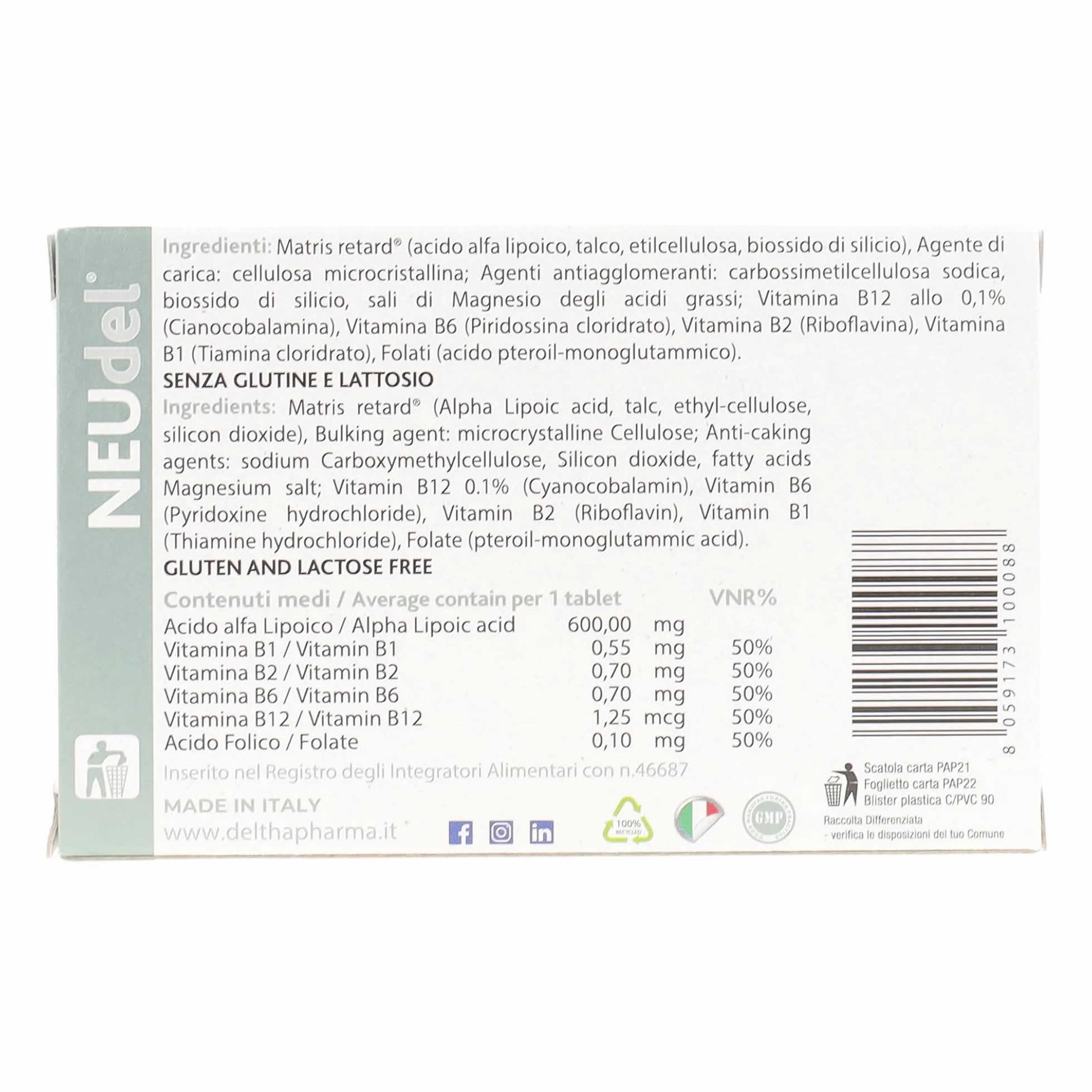 Neudel Integratore Alimentare Antiossidante Antiage Acido Alfa Lipoico 600mg Rilascio Controllato Vitamine B Sistema Nervoso 20 Cpr