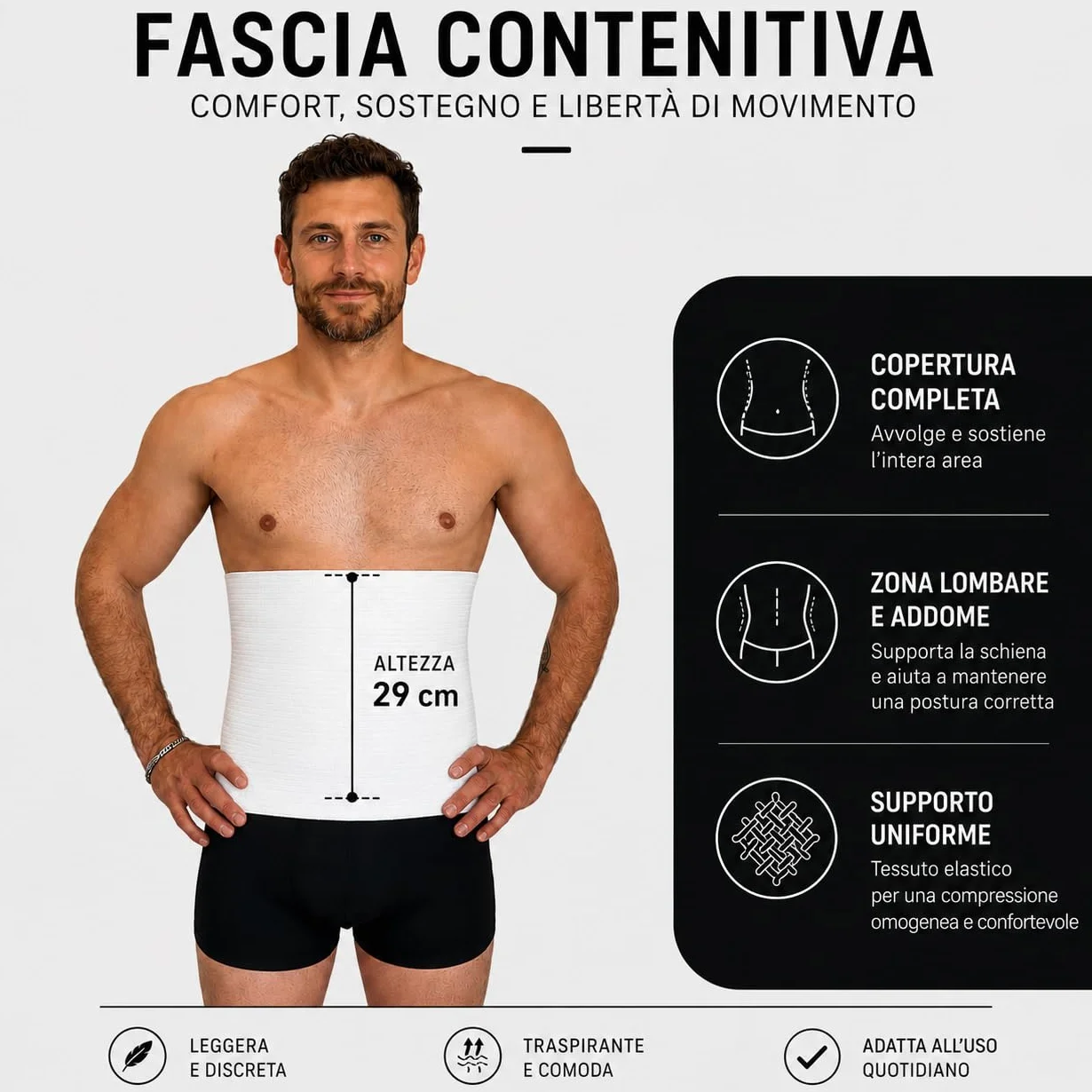 eMMe SQUARE - Fascia Lombare Estiva in Cotone Traspirante Unisex – Pancera Contenitiva, Supporto Schiena Addominale Elasticizzato Made in Italy – Ideale per l'Estate (L)