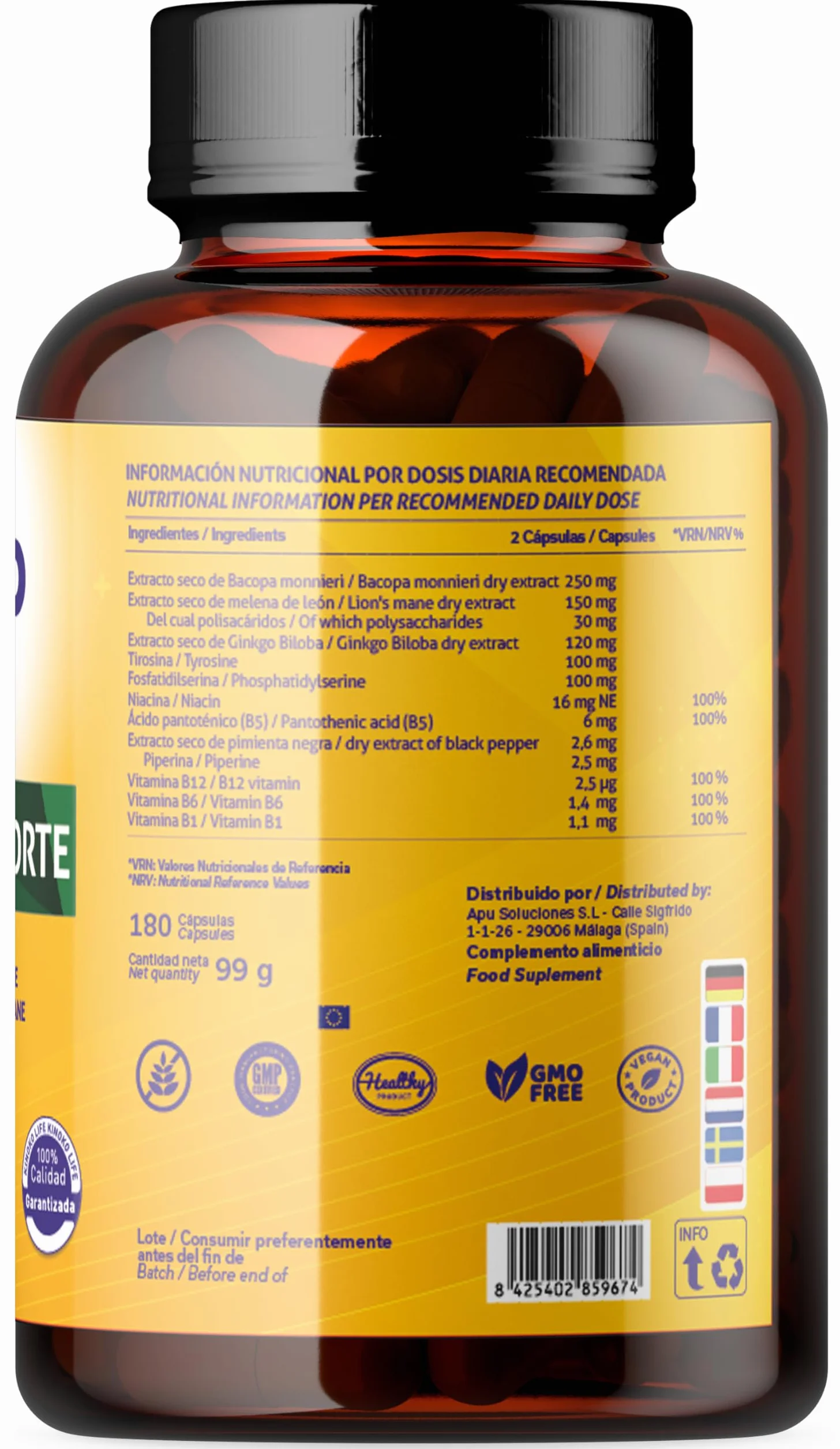 Ginkgo Biloba Forte 180 Capsule con Bacopa, Fosfatidilserina, Criniera di Leone, Tirosina, Niacina e Vitamine B Complex per Memoria e Concentrazione