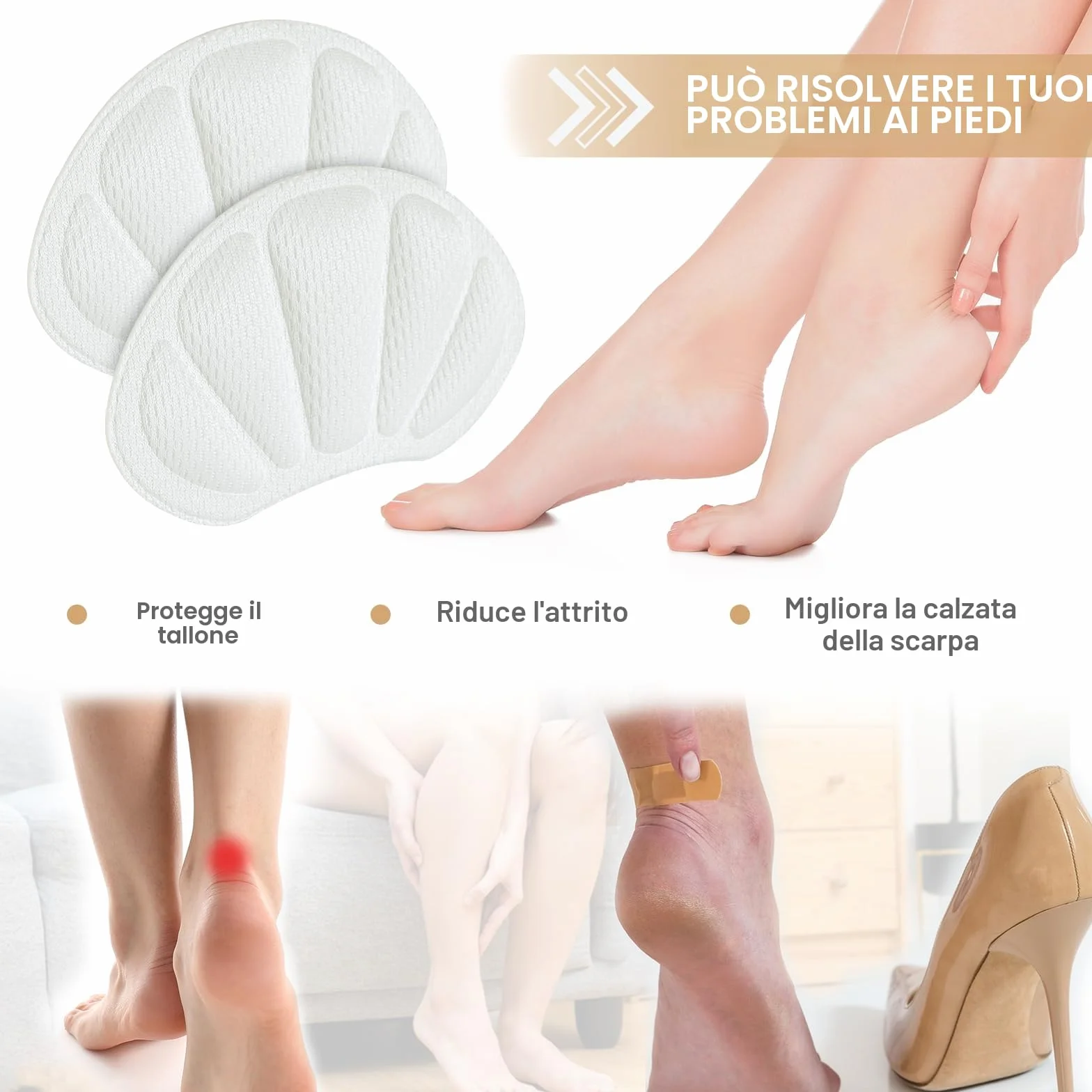 3 PAIA cuscinetti salva tallone per scarpe, proteggi tallone autoadesivo e antiscivolo, solette, inserti morbidi per prevenzione sfregamenti e un confort ottimale (bianco)