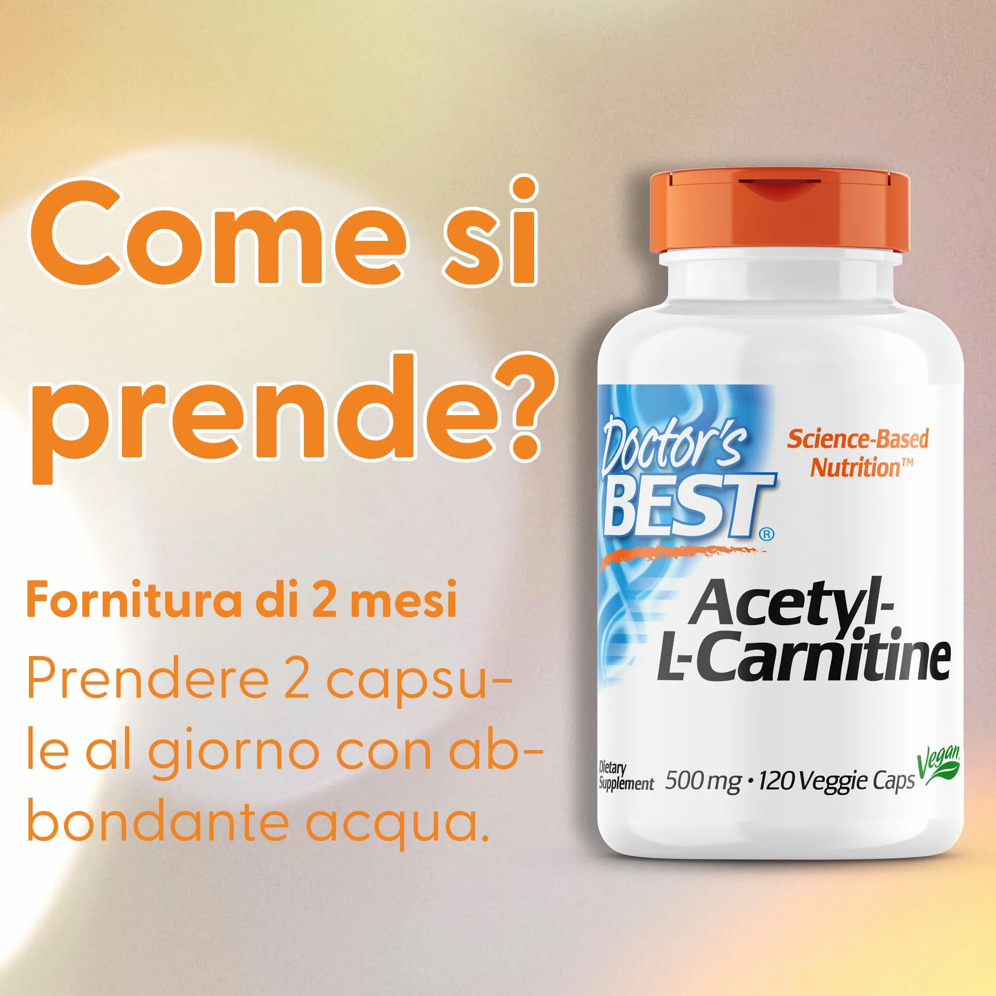 Doctor's Best, Acetyl-L-Carnitin, 500 mg, 120 Capsule vegane, Testato in Laboratorio, Senza Glutine, Senza Soia, Vegetariano, Non OGM
