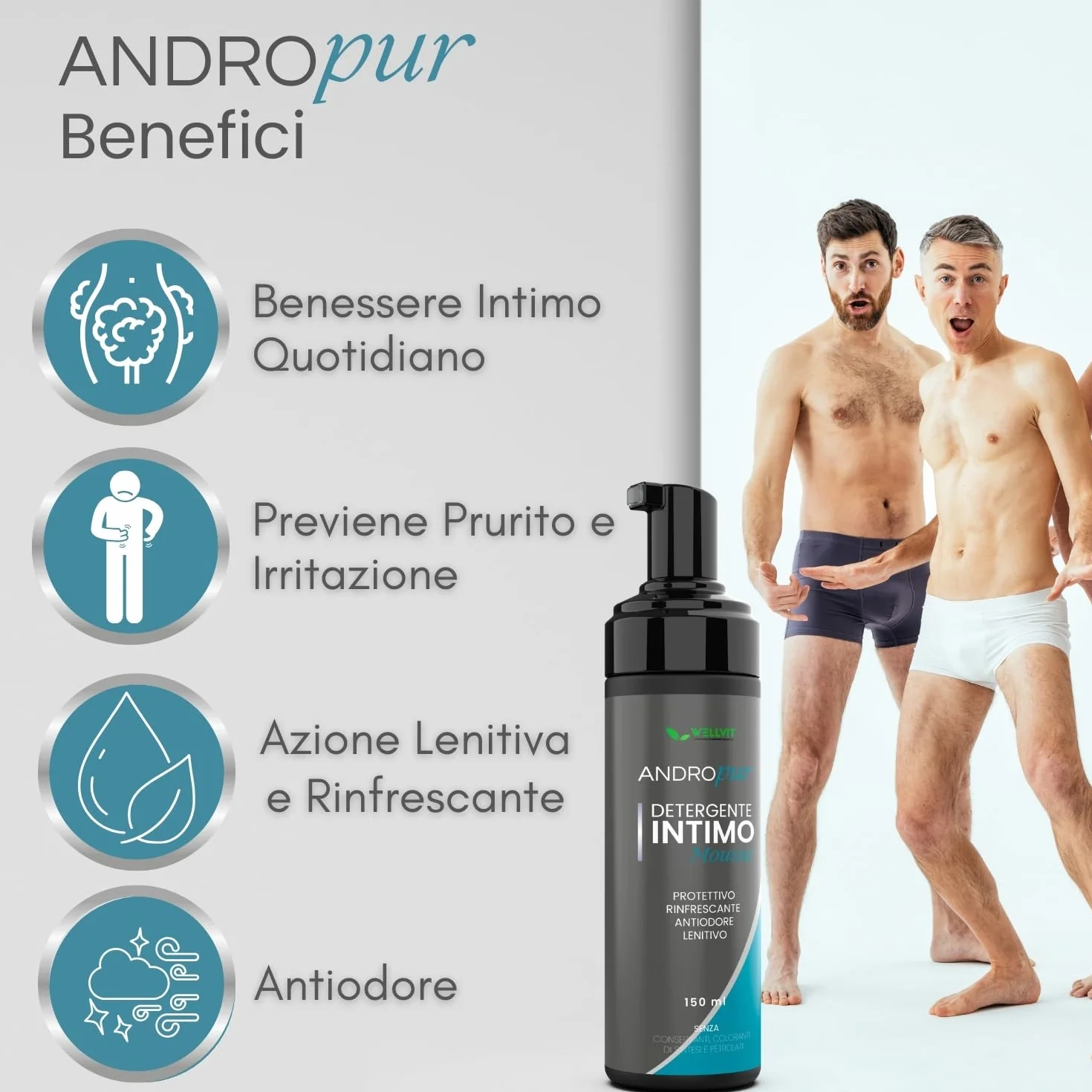 ANDROPUR Pregiato Sapone Intimo Uomo pH Neutro Rinfrescante Schiuma Mousse Detergente Igiene Intima Antibatterico Protettivo 150ml