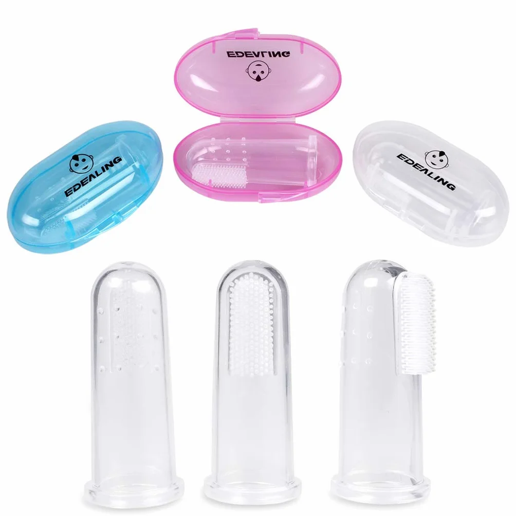 Spazzolino morbido & sicuro da denti per bambino, Spazzolino da denti di dito in Silicone per ragazzi, Spazzolino da denti in gomma, Impacco trasparente per massaggi (3 pezzi di insieme).