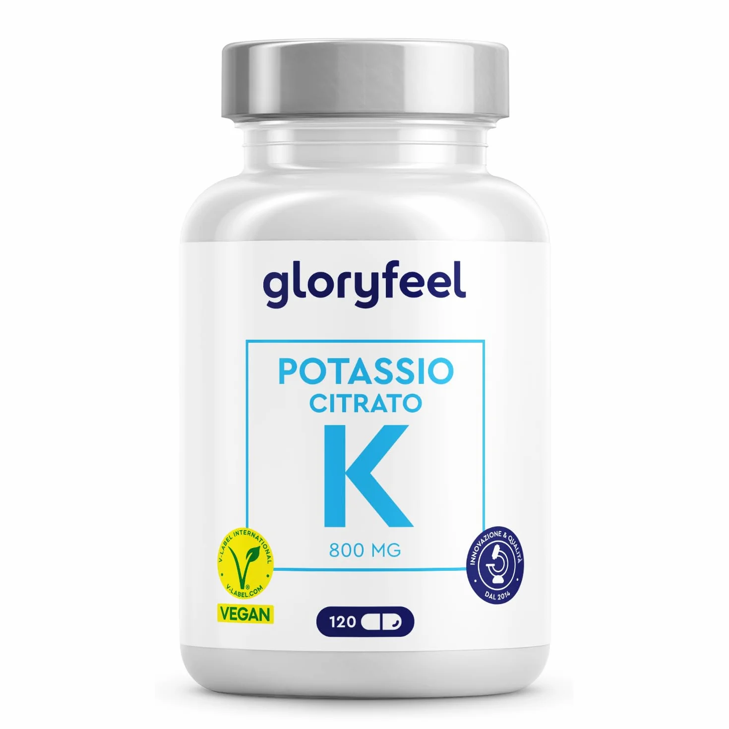 Potassio 120 Capsule (2 Mesi) - 800mg Potassio Elementare (Citrato) alto Dosaggio - Per Pressione Sanguigna, Funzione Muscolare e Sistema Nervoso* - Vegano, Testato in Laboratorio e senza Additivi