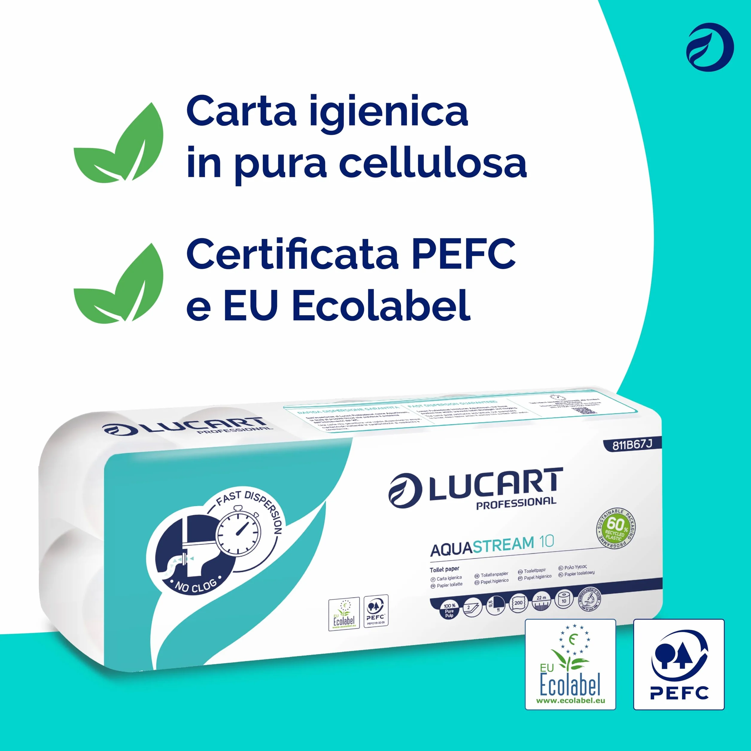 Lucart Professional AquaStream 10 Carta Igienica a Rotolo in pura cellulosa 10 Rotoli da 200 strappi 9,5x11 cm