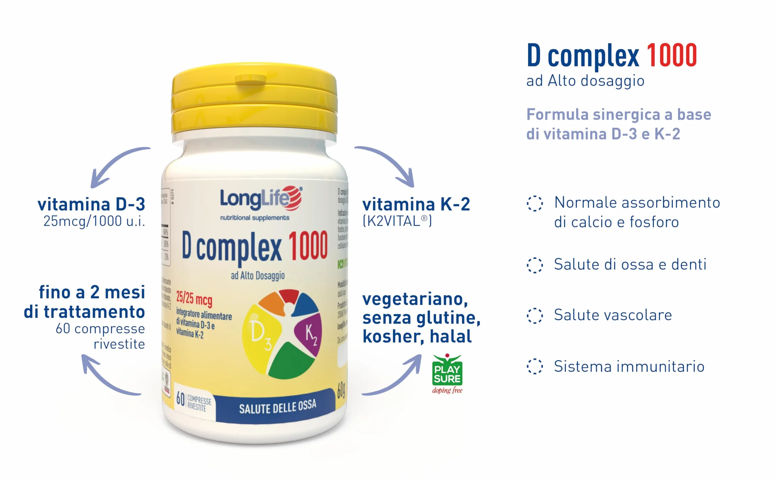 LongLife® D complex 1000 | Integratore vitamina D3 e vitamina K2 naturale | Alto dosaggio | Benessere delle ossa | Difese immunitarie | Fino a 2 mesi di trattamento | Senza glutine e doping free