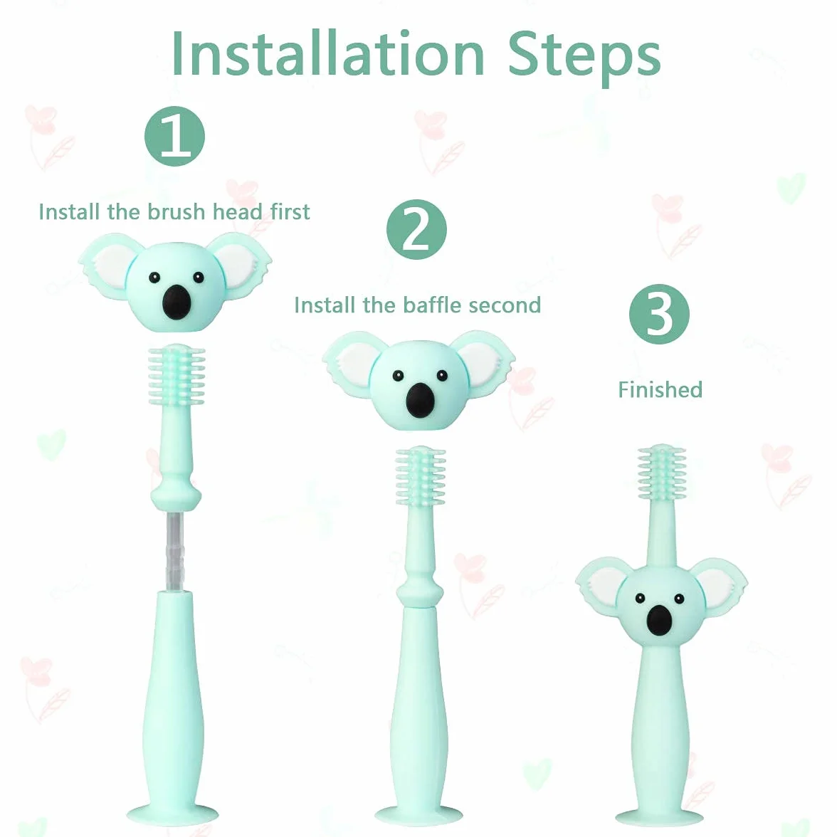 Vicloon Spazzolini da Denti per Bambini, Baby Spazzolino Massaggiagengive da Denti, 360° Silicone Morbido con Design Carino Koala, Dentizione Cure Orali per Bambini da 0 a 3 Anni (3 Pezzi), Verde