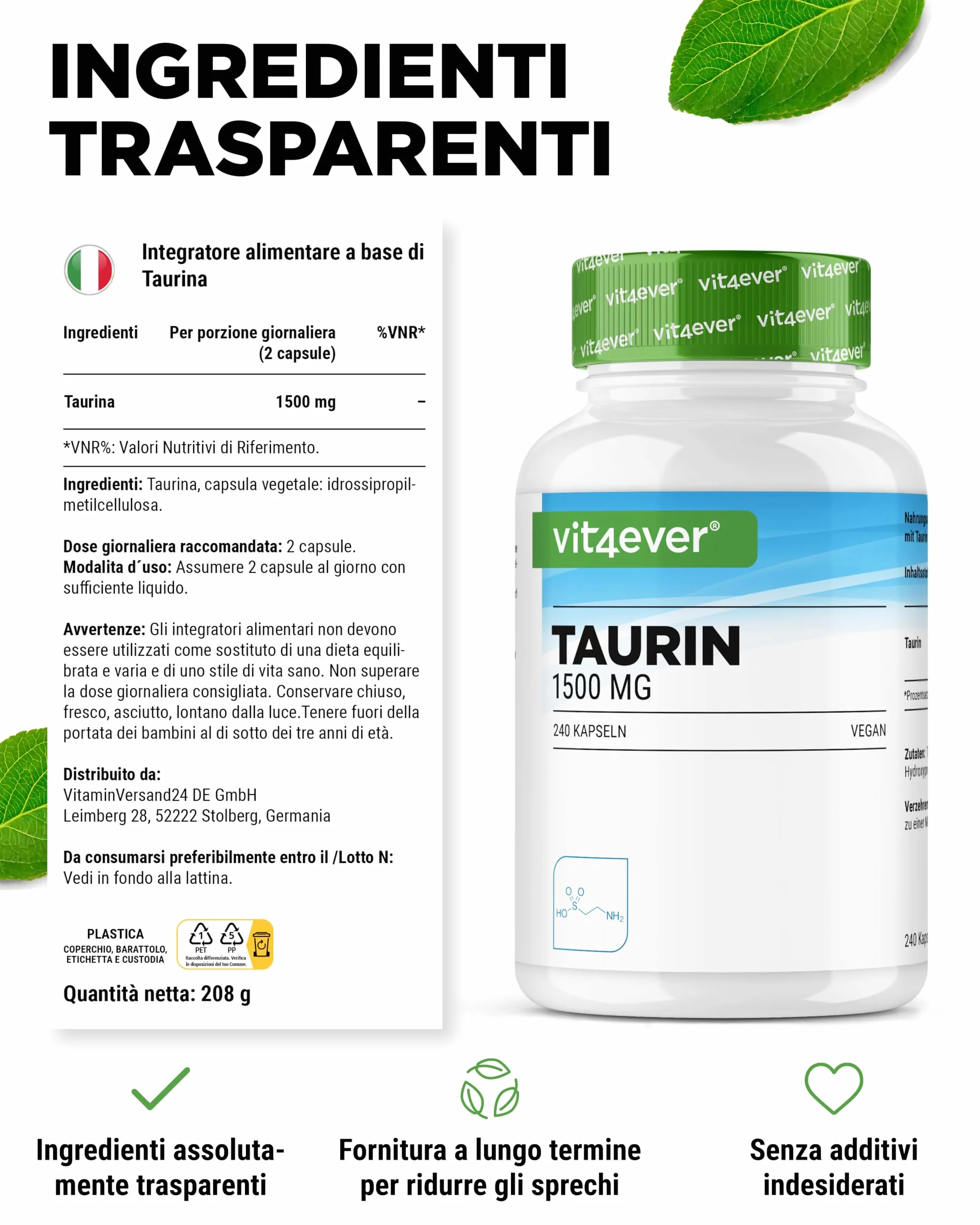 Taurina 240 Capsule 1500 mg per Dose Giornaliera 99% Purezza Vegano
