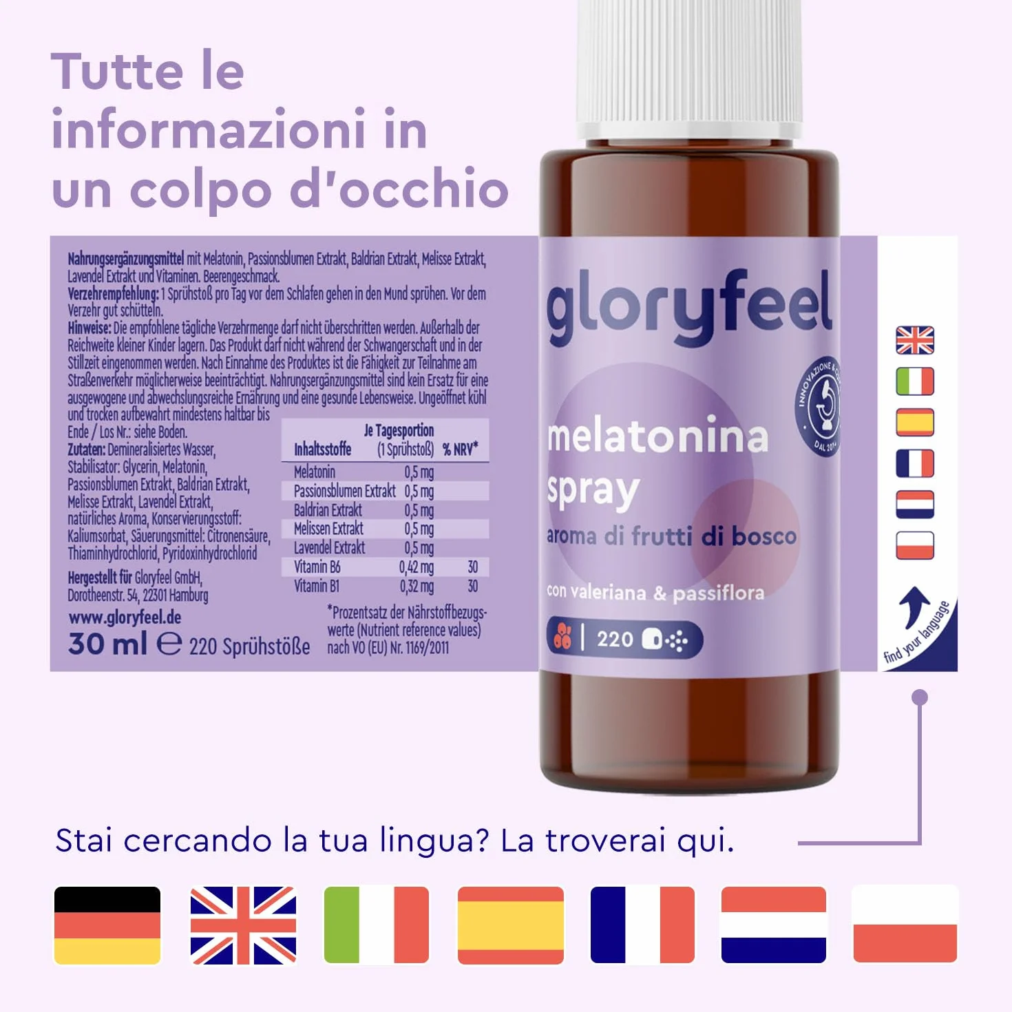 Melatonina Spray 0,5mg per Spruzzo, Integratore Valeriana Forte con Passiflora e Lavanda Rilassante, Vitamina B1 e B6, Gusto Frutti di Bosco, 30ml