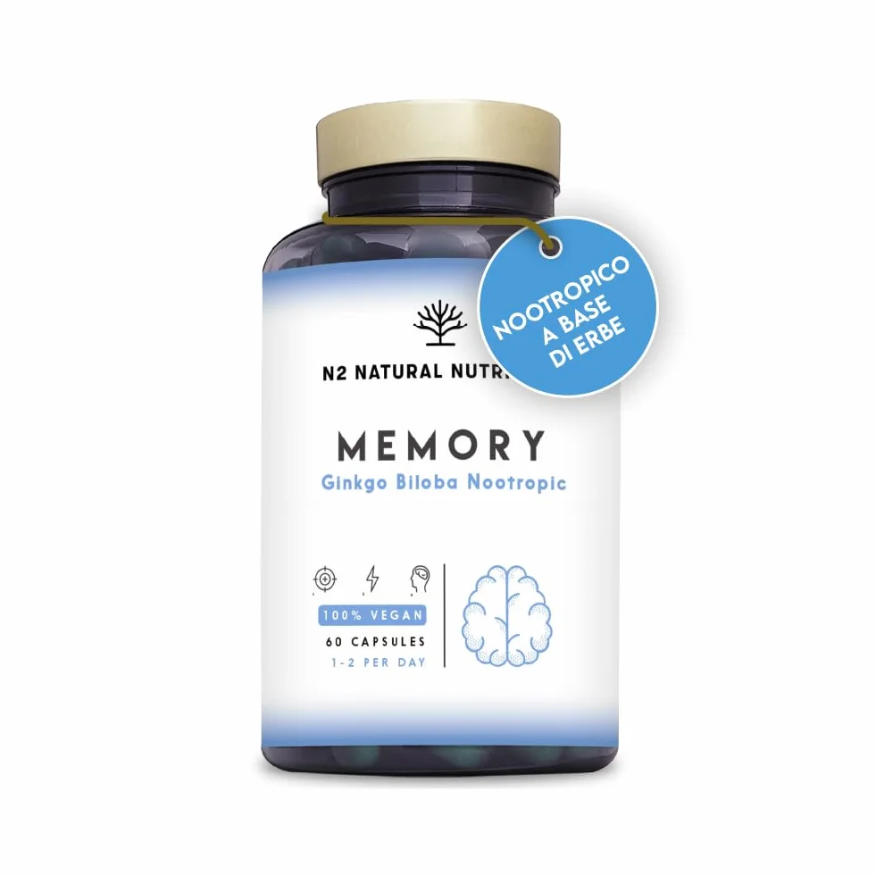 N2 Natural Nutrition Nootropico Naturale Ginkgo Biloba 1140mg Caffeina Bacopa Monnieri Integratore Concentrazione Memoria Vitamine Vegan 60 capsule