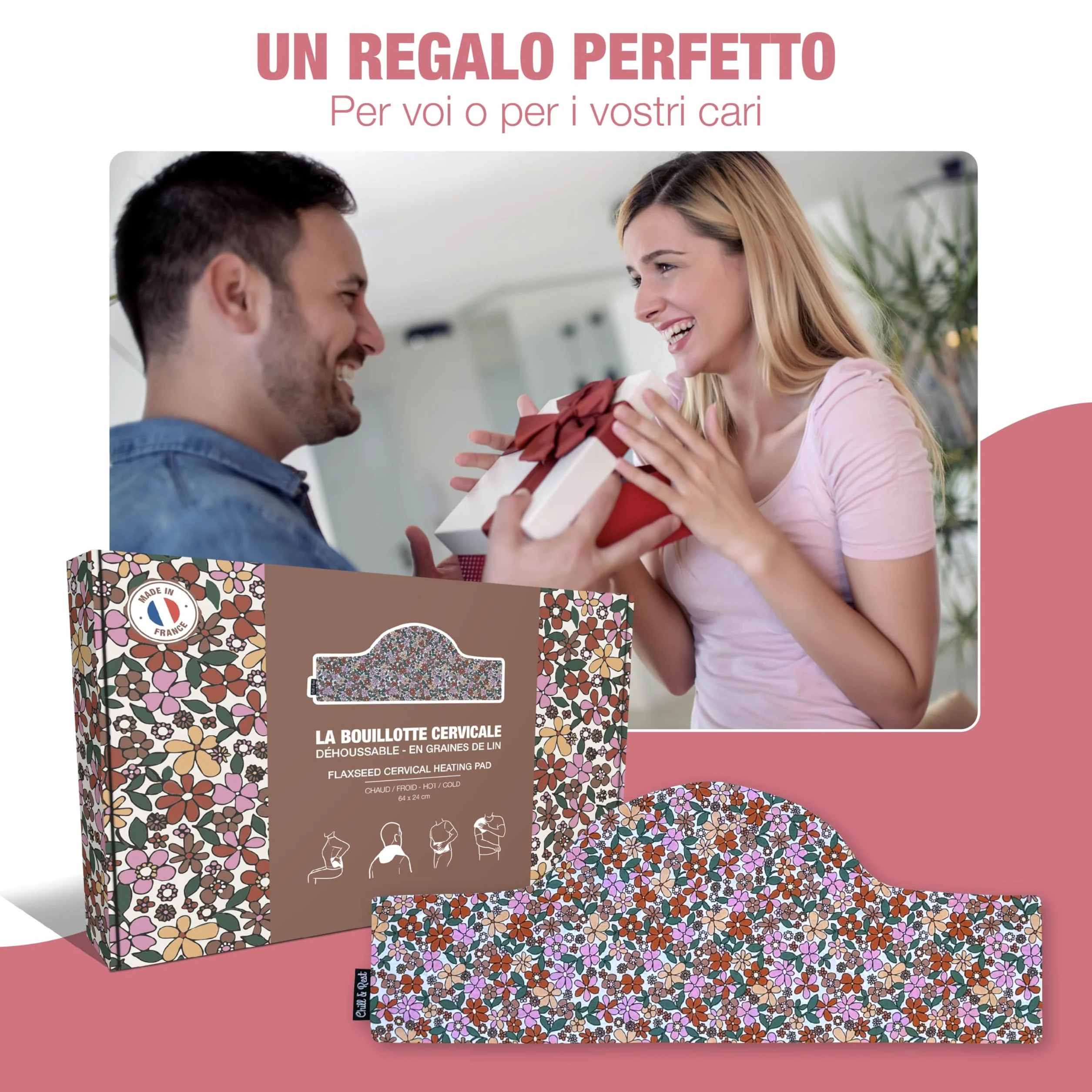 Chill&Rest - Cuscino termico microonde - semi di lino - cuscino termico cervicale - dolori mestruali - Prodotto in Francia - cuscino riscaldabile microonde - Rosa - La Florale