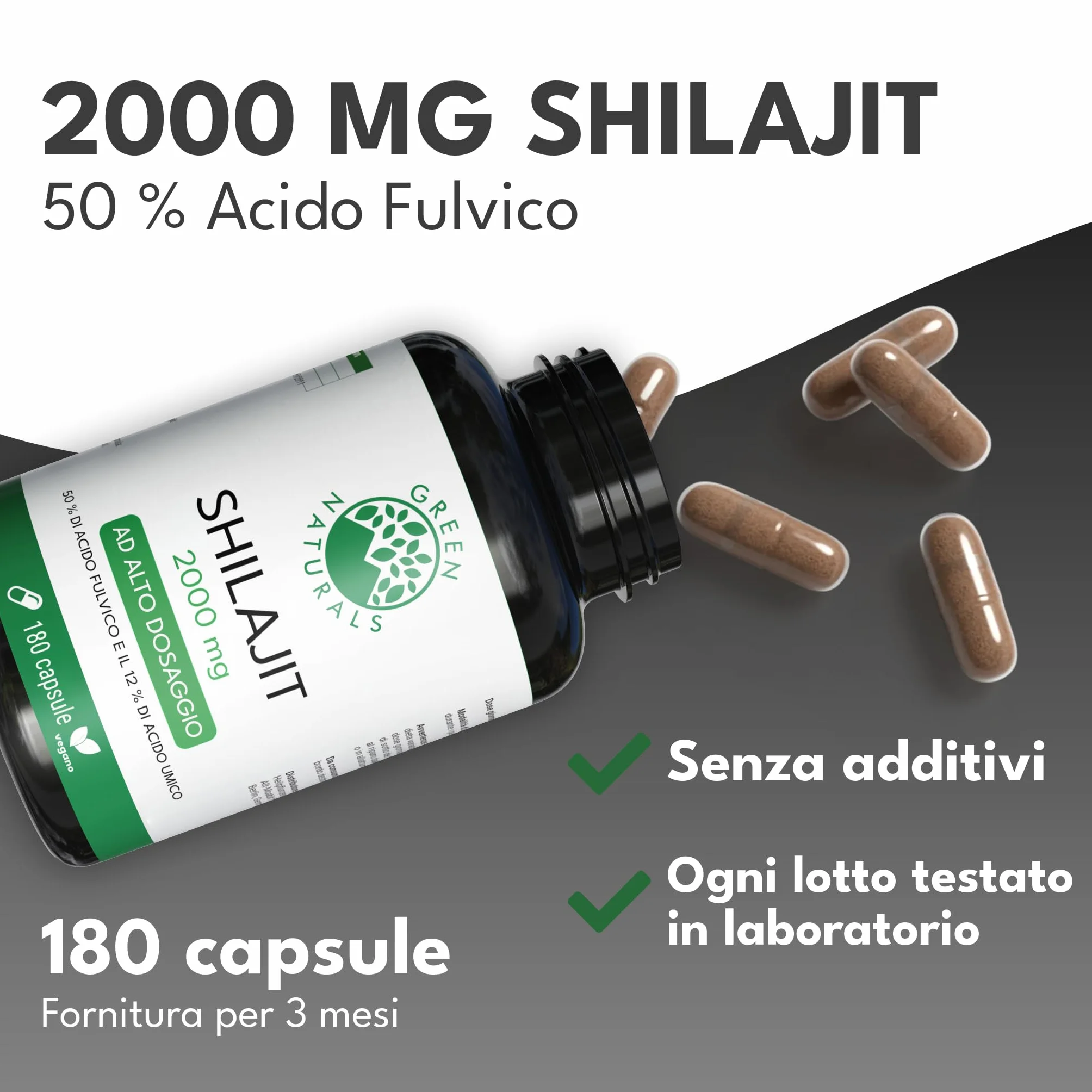 Green Naturals® Shilajit 40.000 mg per dose giornaliera (estratto 20:1) - Capsule originali dell'Himalaya con il 50% di acido fulvico e il 12% di acido umico – 180 capsule (3 mesi)
