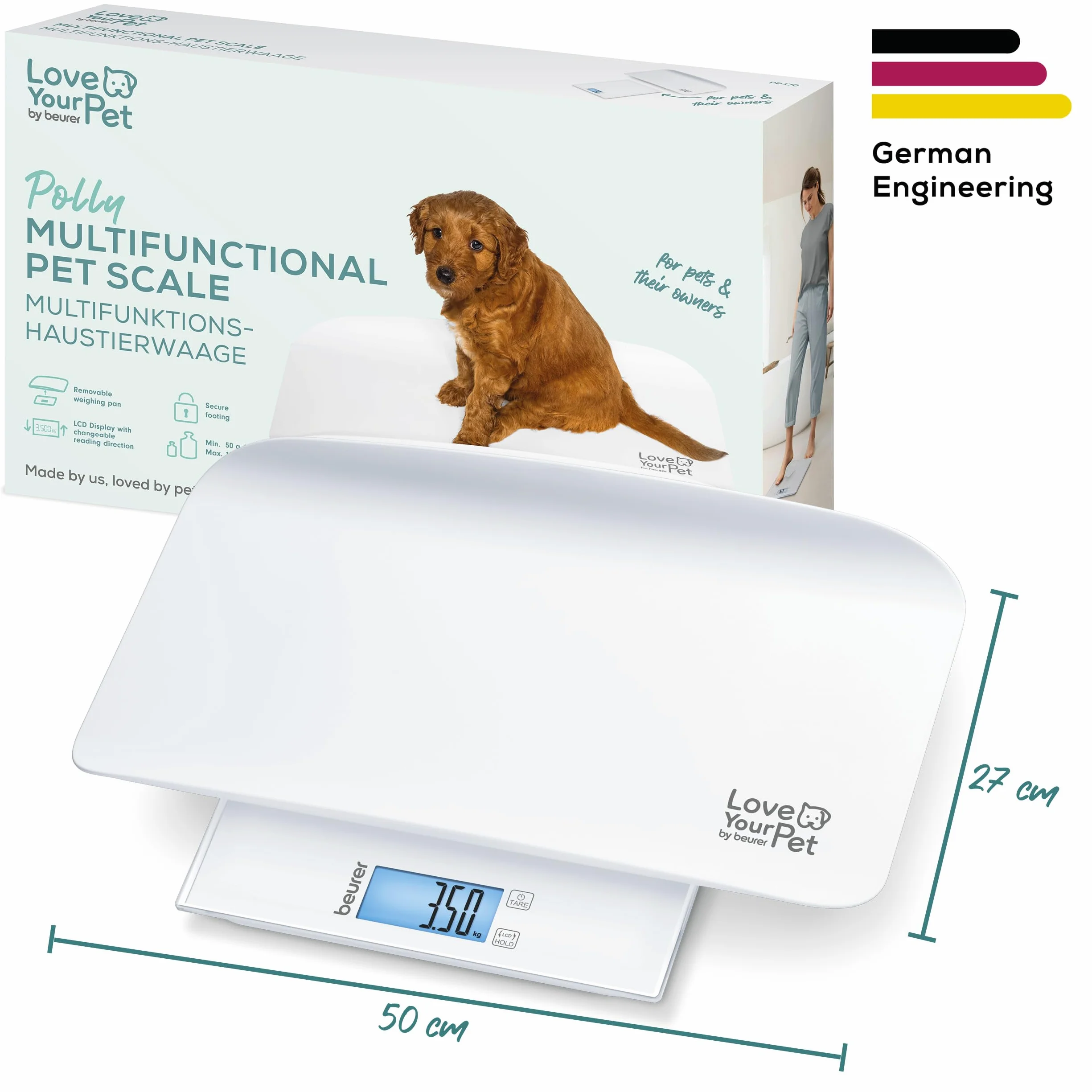 Beurer Love Your Pet Bilancia Polly per Animali Domestici e Persone, Piatto Rimovibile, 100g-180kg
