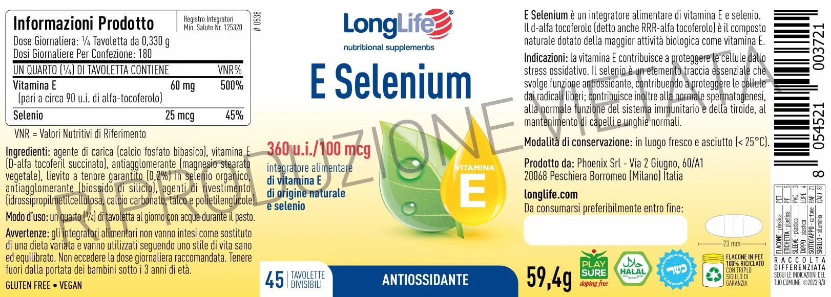 LongLife® E Selenium | Integratore di vitamina E naturale e selenio | Azione antiossidante | Benessere di capelli e unghie | 180 giorni di trattamento | Vegano e senza glutine