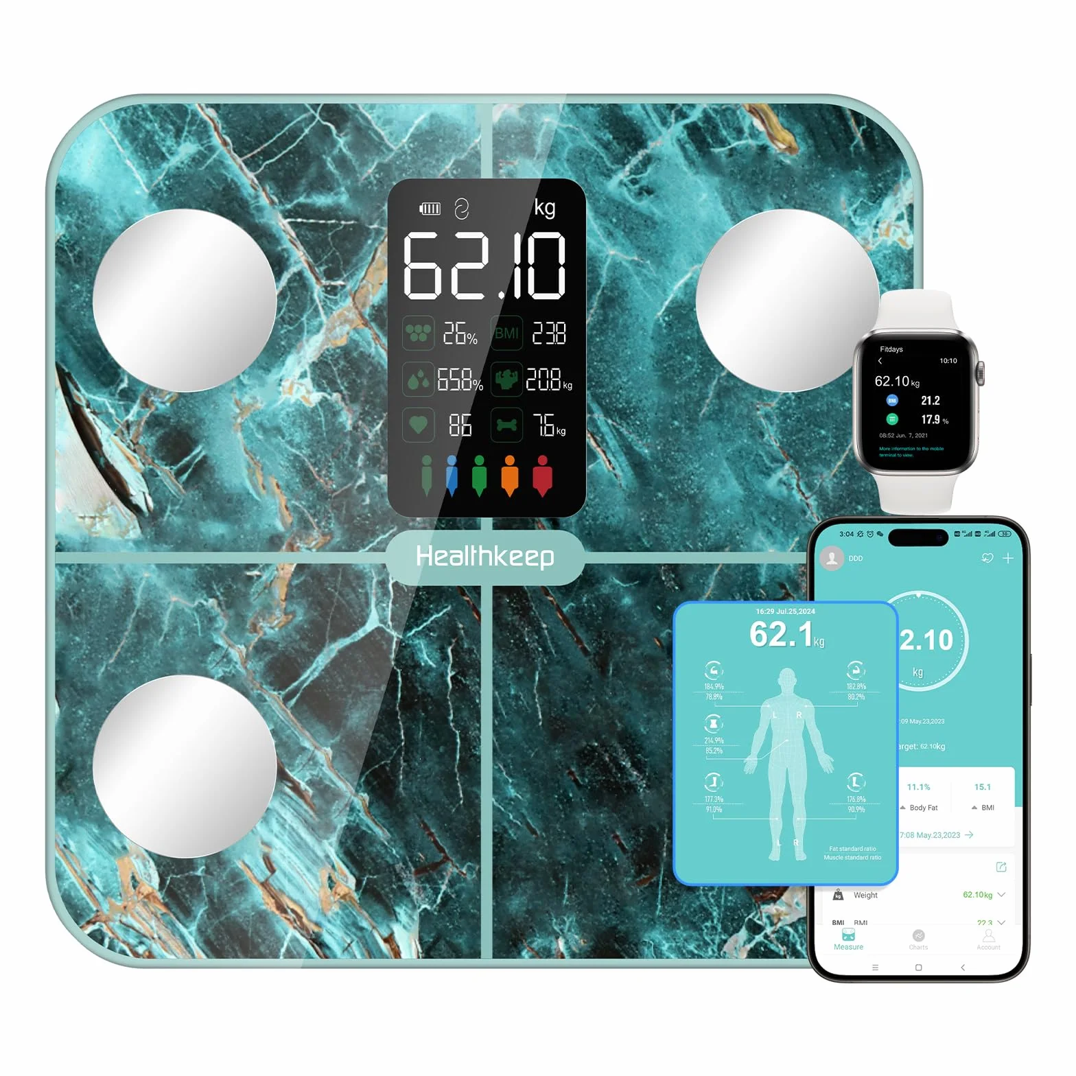 Healthkeep Bilancia Intelligente per Grasso Corporeo e Massa Muscolare, 15 Dati Corpo, APP, Display VA, Verde Iridescente