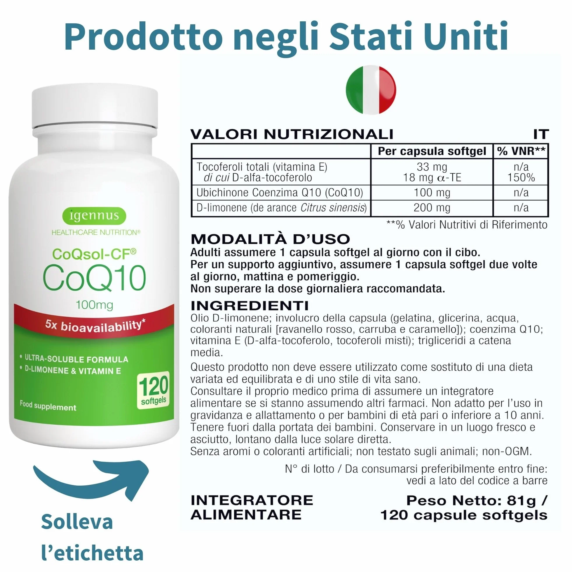 Igennus Integratore CoQ10, Coenzima Q10 100mg, 120 Softgels (4 mesi), Biodisponibilità 5x Superiore, Formula Ultra-Solubile CoQsol-CF, Ubichinone Potenziato con Vitamina E e D-Limonene, 1 al giorno