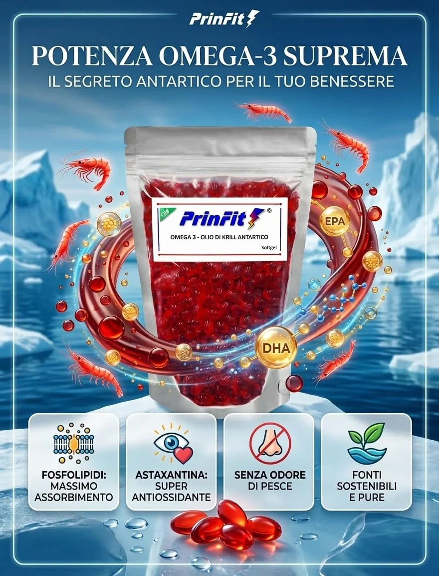 Olio di Krill Omega 3 Puro PrinFit - Ricco di EPA e DHA, Fosfolipidi Marini, Astaxantina - 100 Capsule molli