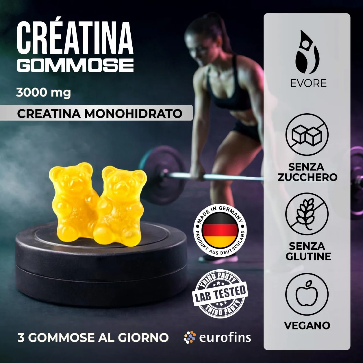 Creatina Gommose – 3000 mg di creatina per porzione – 99 gommose – Testate in laboratorio, prodotte in Germania – con vitamine B3, B6 e B12 – Alternativa a capsule e polvere – Gusto limone