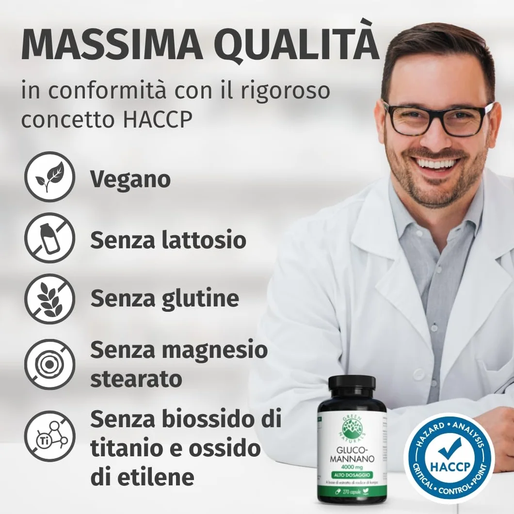 Green Naturals Glucomannano 4000 mg per dose giornaliera Estratto di konjac 4200 mg 270 capsule 45 giorni