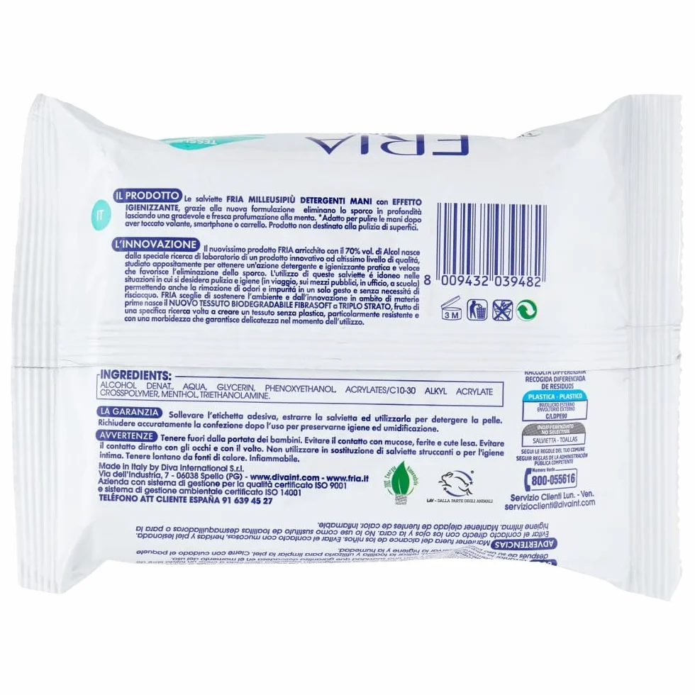 Fria MilleusiPiù Igienizzanti Salviette Detergenti 70% Alcol Tessuto Fibrasoft 3 Strati Biodegradabile 20 sztuk