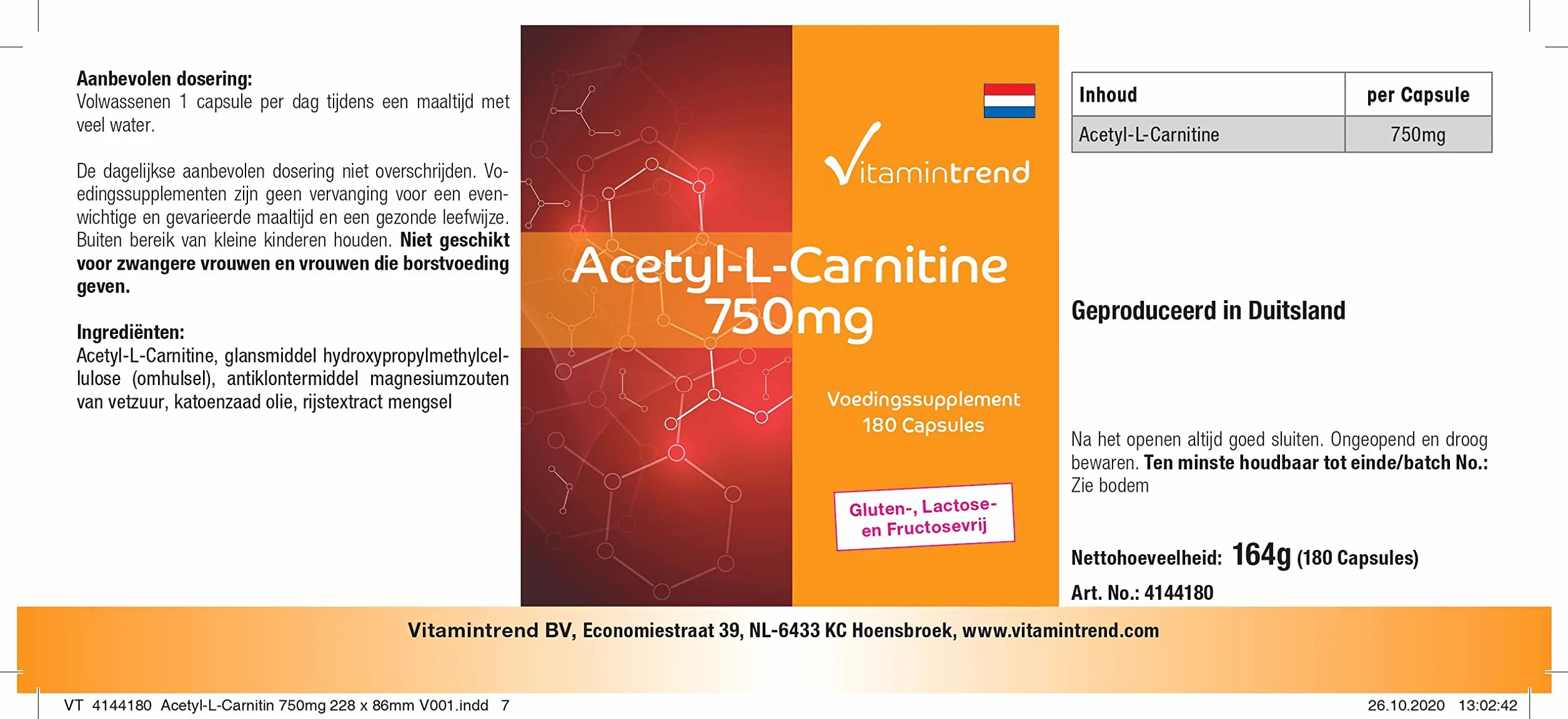 Vitamintrend Acetil-L-Carnitina 750 mg, 180 capsule, ad alto dosaggio, integratore alimentare vegano senza stearato di magnesio, prodotto in Germania