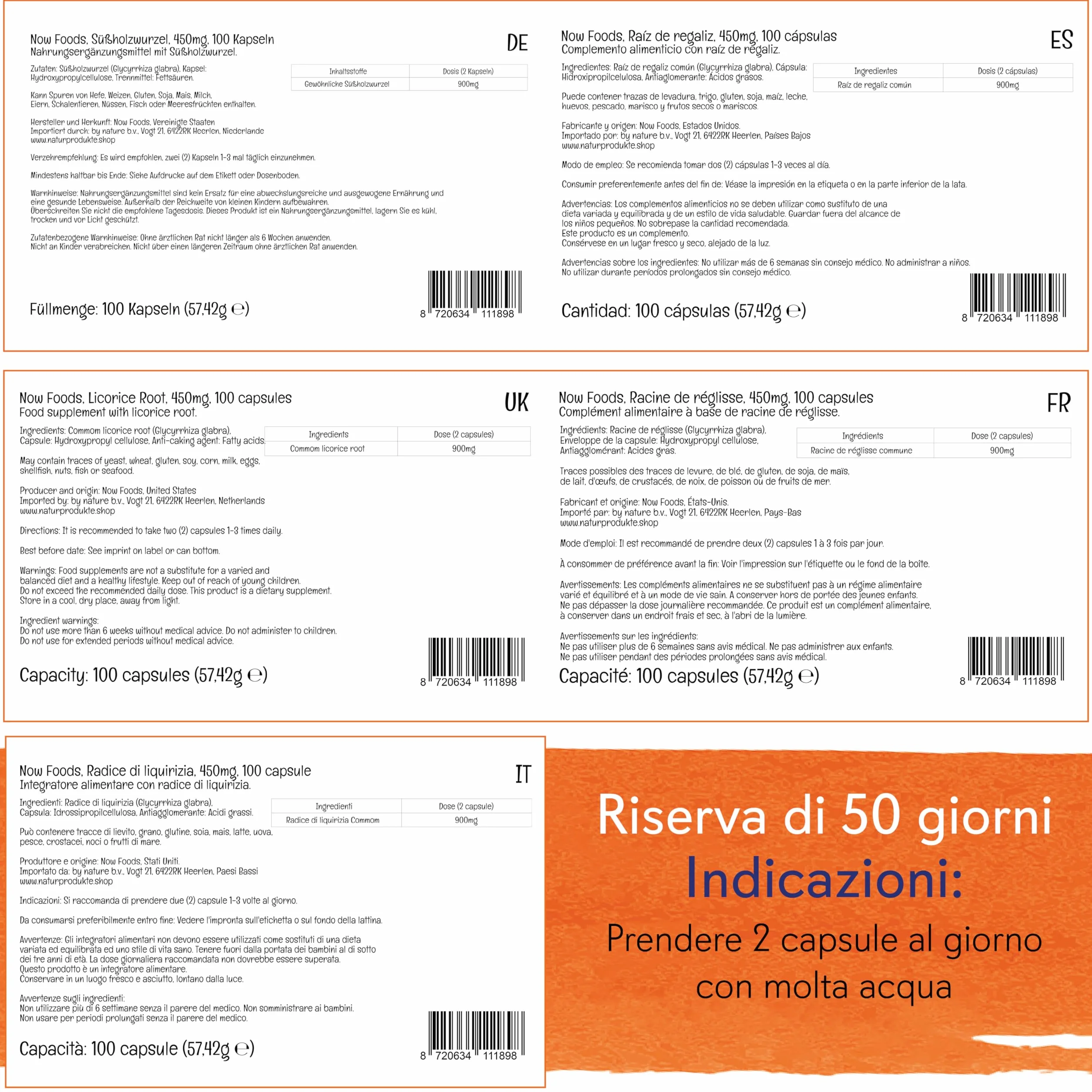 Now Foods Licorice Root 450 mg 100 Capsule Vegane Testato in Laboratorio Senza Glutine