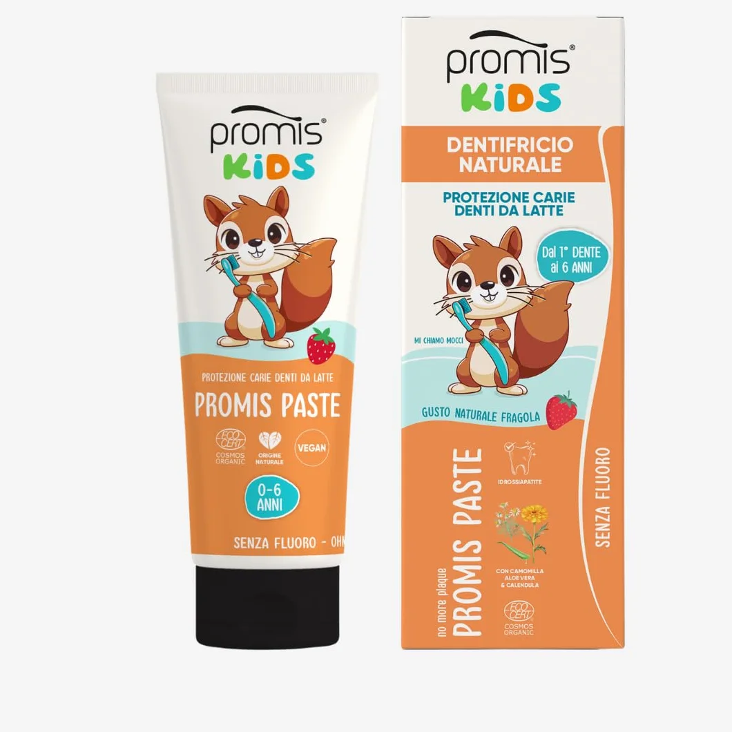 PROMIS Paste Kids 0–6 Anni, Senza Fluoro, Bio, Fragola e Sicuro Se Ingerito | Dentifricio con idrossiapatite anti-carie, formula delicata per l’igiene quotidiana dei denti da latte.
