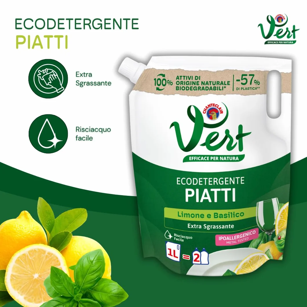 Vert - Ecodetergente Piatti - Fragranza Limone e Basilico, 100% Origine Naturale, Funzione Extra Sgrassante e Risciacquo Facile, Ipoallergenico, Adatto anche a Pelli Sensibili - Flacone da 1000ml