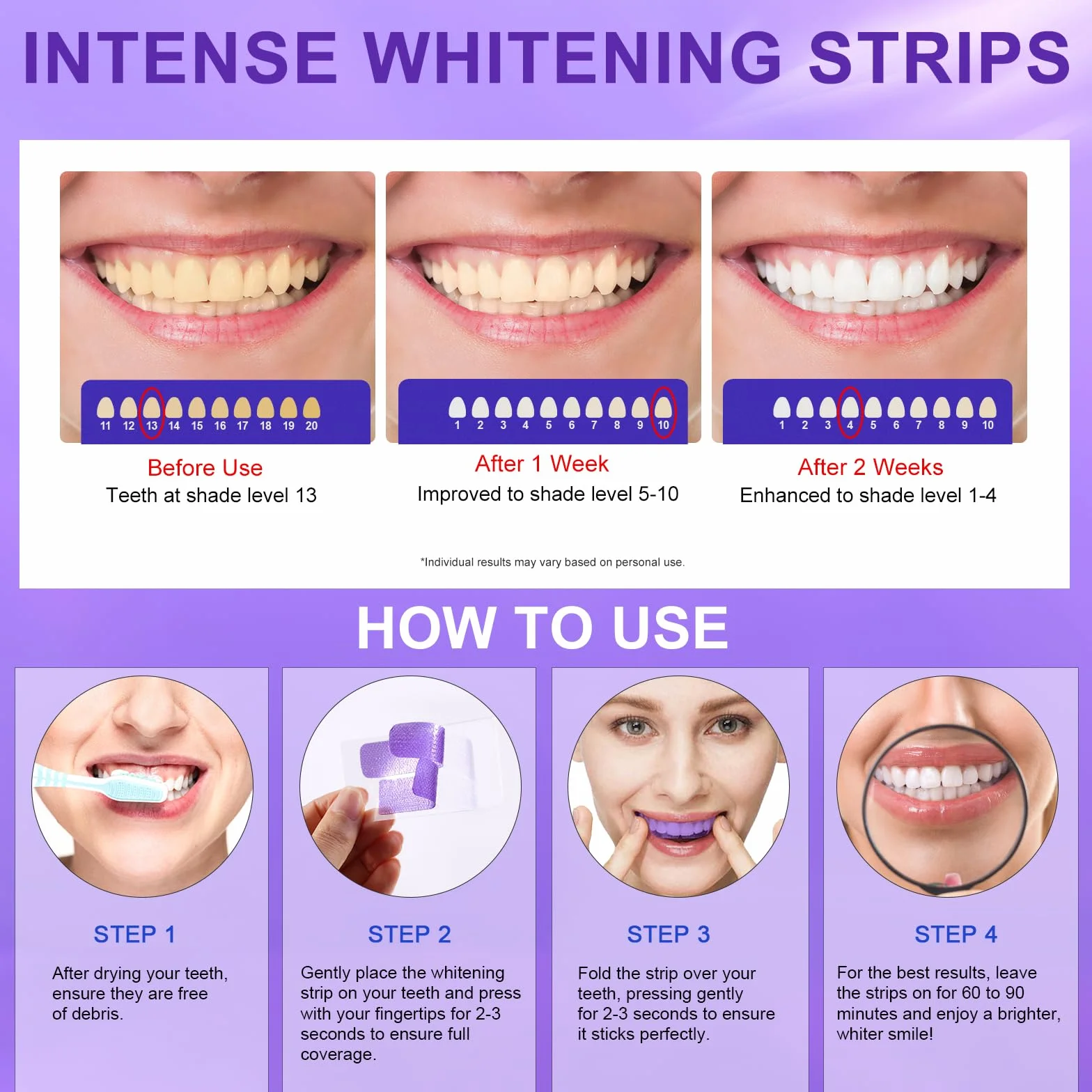 Strisce sbiancanti dei denti viola Strisce sbiancanti 14 trattamenti per smalto sicuro, Teeth Whitening Strips Dall'interno, At-Home Kit sbiancante - Sensitivity Free