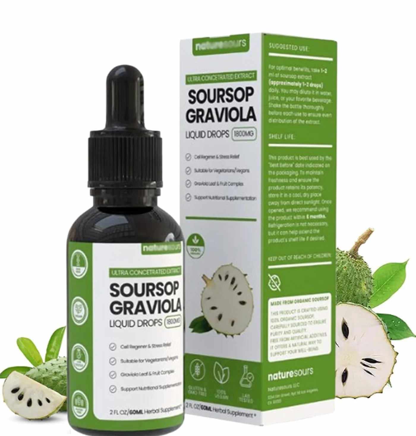 Naturesours Estratto di Soursop biologico, Naturesours 100% puro estratto di Soursop biologico, gocce liquide di graviola di Soursop stagnato 1800 mg, bontà di erbe, aroma naturale (1 pz)