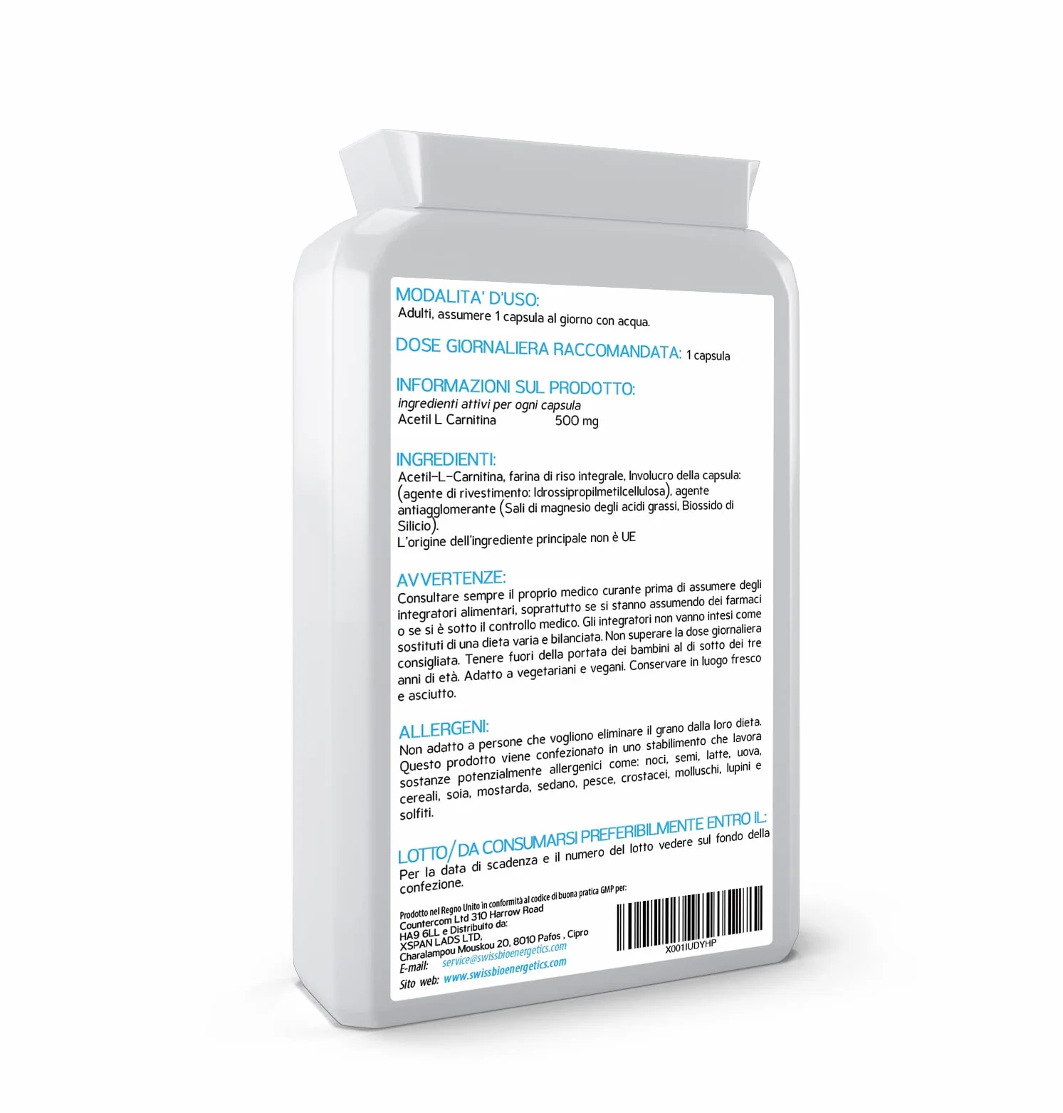 Acetil-L-Carnitina 500mg ALCAR Alta Potenza 90 Capsule Supporto Energia Funzione Cognitiva Resistenza Muscolare Vegano