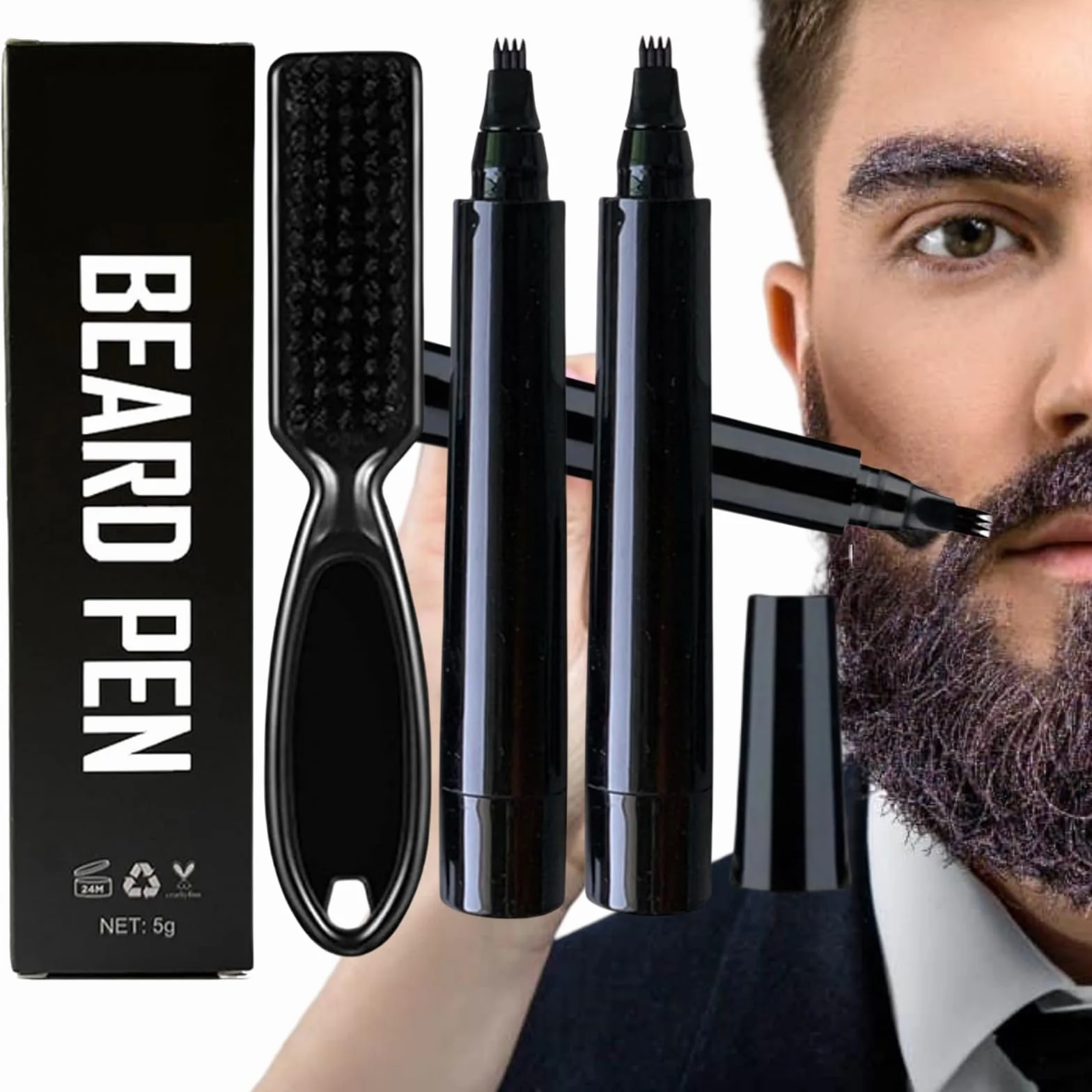 Penna per Barba Uomo,2pcs Kit Penna Barba Istantanea,Kit Matita Riempitiva per Barba Uomo,Beard Filling Pen,Riempimento Barba Impermeabile,Matita per Barba e Pennello per Barba