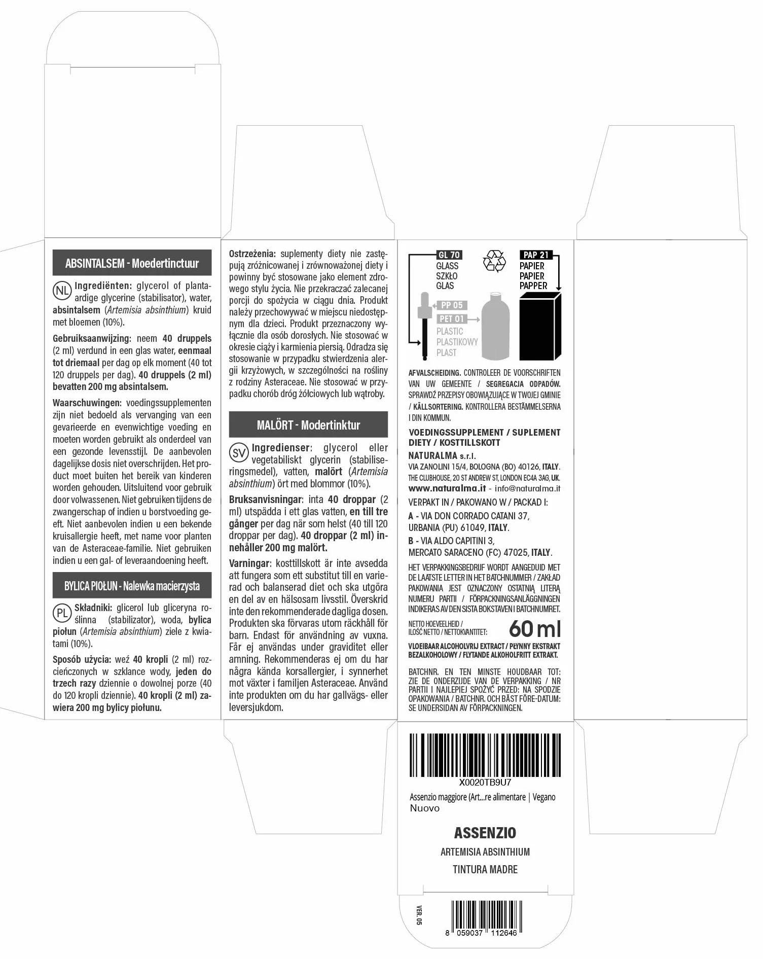 Assenzio maggiore (Artemisia absinthium) erba con fiori Tintura Madre analcoolica Naturalma - Estratto liquido gocce 60 ml - Integratore alimentare - Vegano