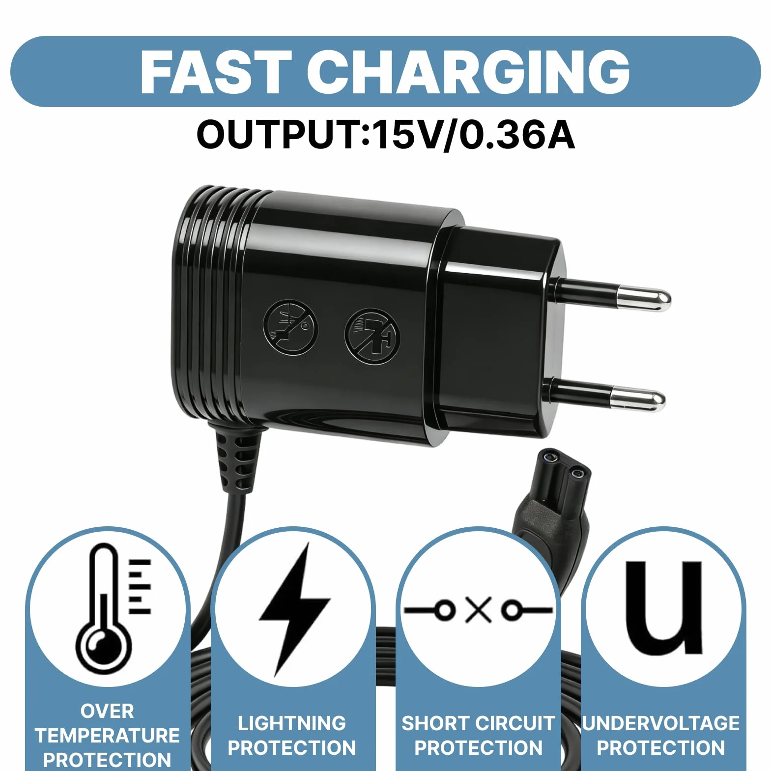 Caricatore per rasoio Philips 15 V 1,5 m compatibile 3000 5000 7000 9000 MG7720 MG7745 QP6510 QP6651 S5588 HC5630